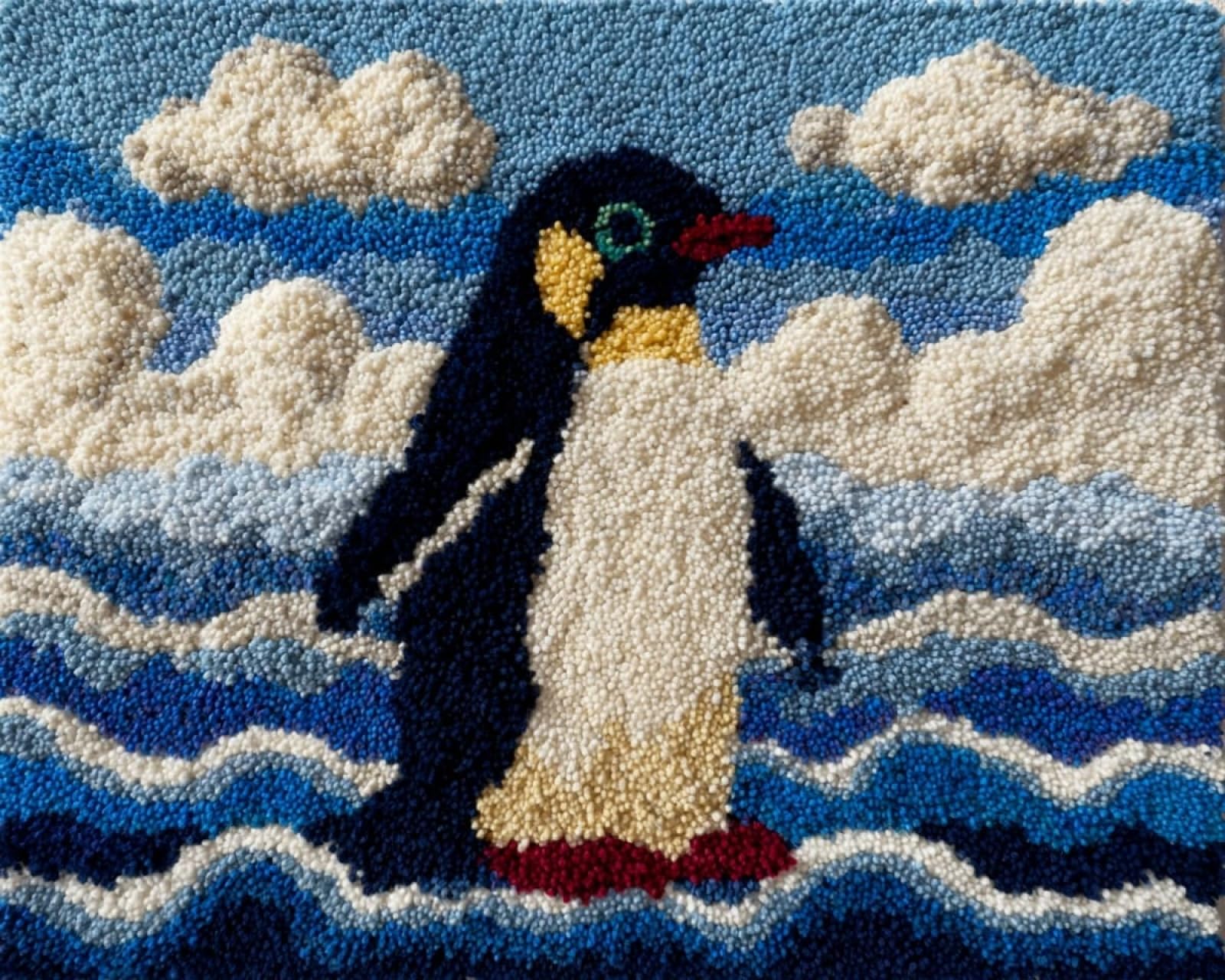 Wallphantom Latch Hook Kits Rugs,Penguins and Flowers,Handmade Self Knotting Set,Tapestry Kits for Adults,Cushion Latch Hook Rug Pre-Printed Pattern Craft for Adults,80x115cm