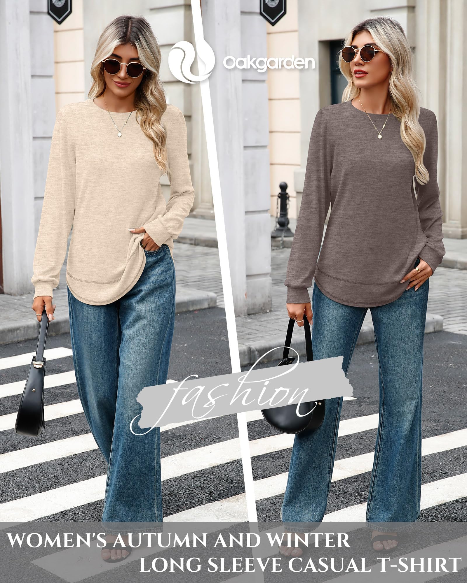 4 Pack Women's Long Sleeve Shirts, Crew Neck Cotton Tees Curved Hem Tunic Pullover Sweatshirts Knit Loose T-Shirts