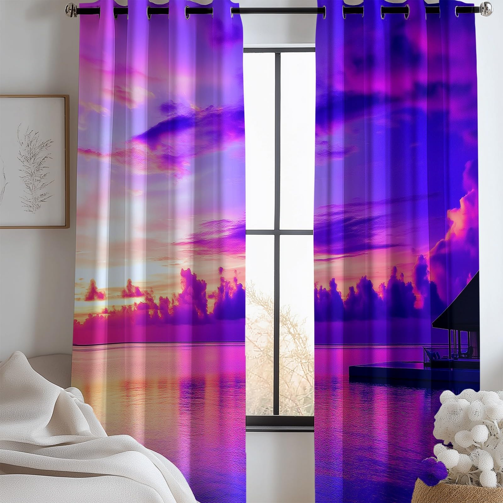 Rideau Occultant Paysages Naturels Nuages Et Ciel, Rideaux Isolant Thermiques et Phonique - Draperies Oeillets Anti Froid Violet pour Salon Chambre Fenêtre Décoration 110L x 215H cm 2 Panneaux