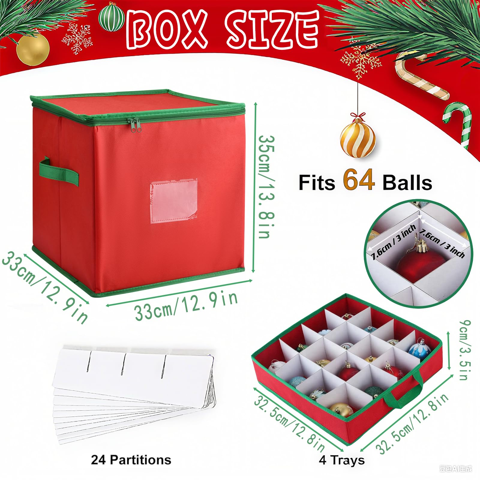 VITEVER Aufbewahrungsbox für Weihnachtskugeln mit Verstellbaren Trennwänden, Aufbewahrungstasche Weihnachten mit 4 Ebenen, Abnehmbar mit Griffen, 64 Kugel-Aufbewahrungsbeutel, 32x32,5x33cm