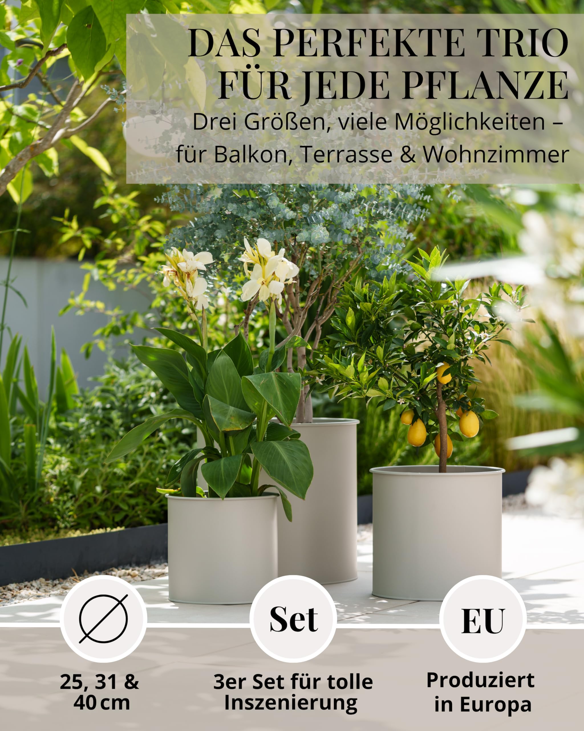 Livlig53 Blumentopf Set Metall, Topf 25 cm Durchmesser & Übertopf 30 cm Durchmesser & Übertopf 40 cm Durchmesser, Pflanzkübel groß außen & innen, Made in Europa, Greige
