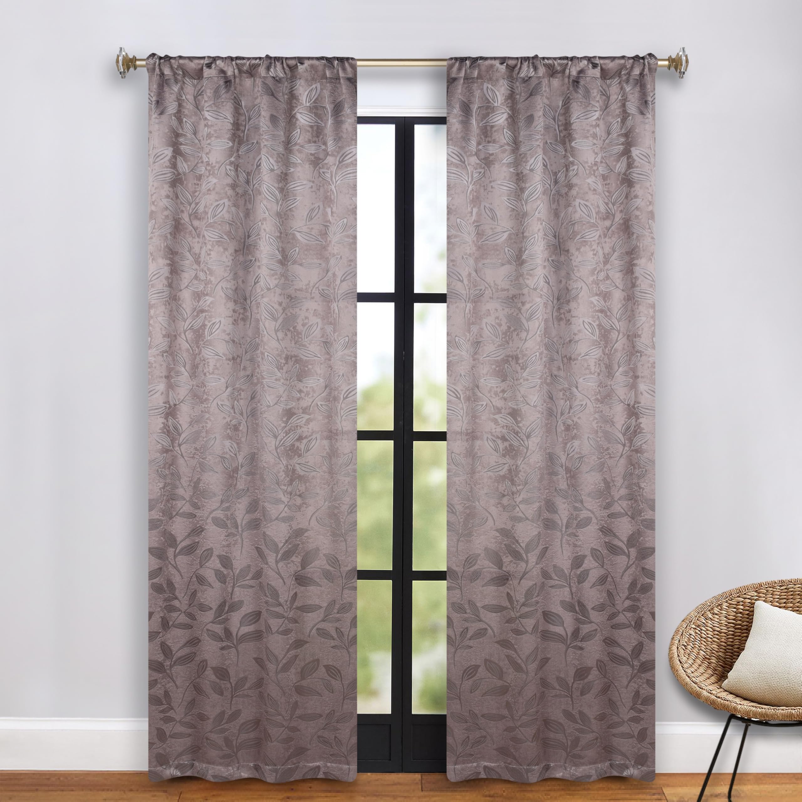 Superior, set di 2 tende oscuranti, per camera da letto e cucina, blocco luce solare, termiche, motivo foglie, 66 cm x 213 cm, cappuccino e marrone
