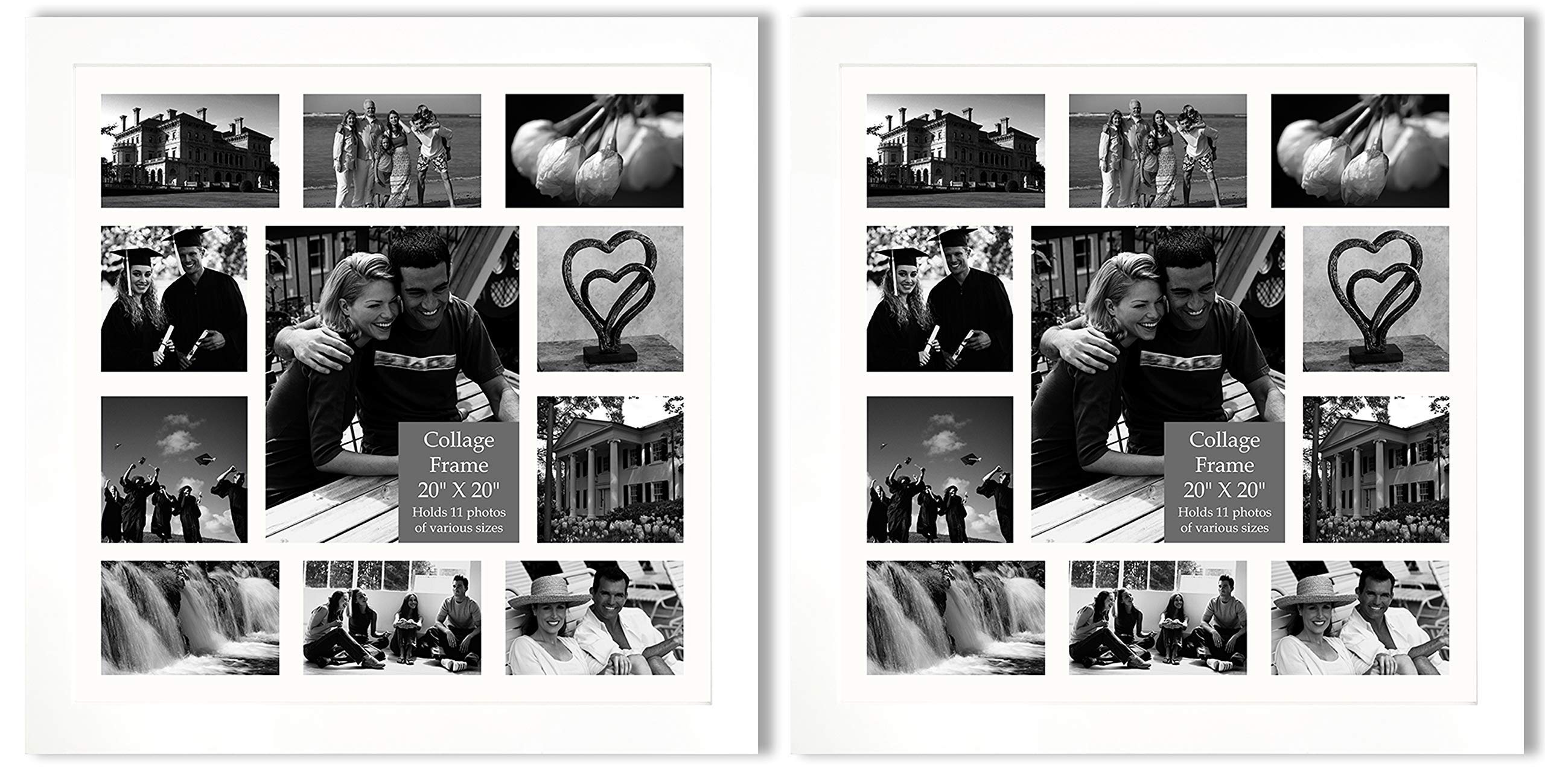 Studio 500 2-Pack Set of 20 by 20-inch Real Wood Collage Photo Frames, Tempered Glass, Frames Come with 1pc Ivory White Core Beveled Matte Board for 11 Picture Openings, Comes in 2 Colors (White)