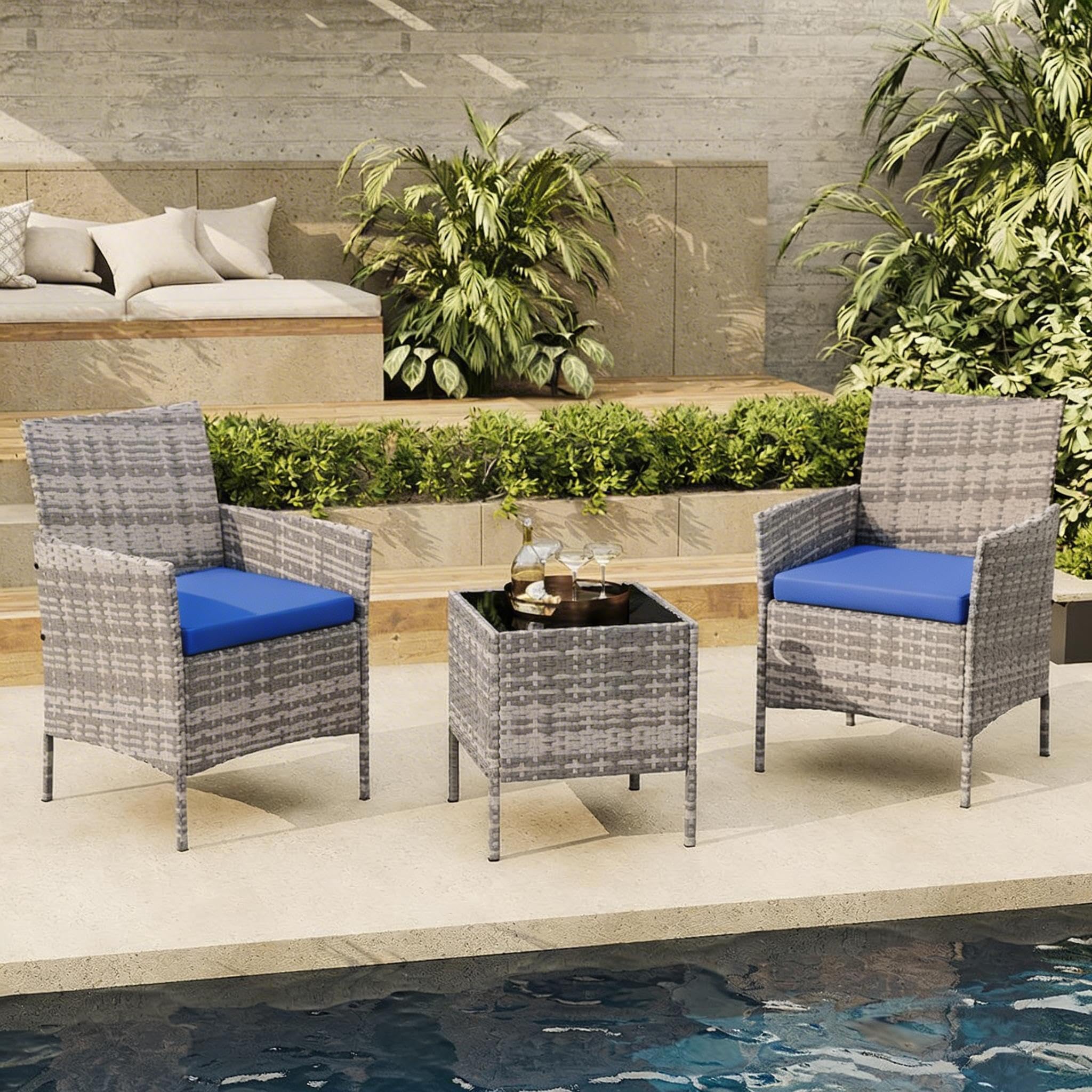 GAOMON 3-Piece Patio Conversation Bistro Set - PE Rattan Wicker - 2 Cushioned Chairs &amp; Tempered Glass Coffee Table - Water-Resistant Cushions for Backyard, Porch, Balcony, Poolside - Grey/Blue