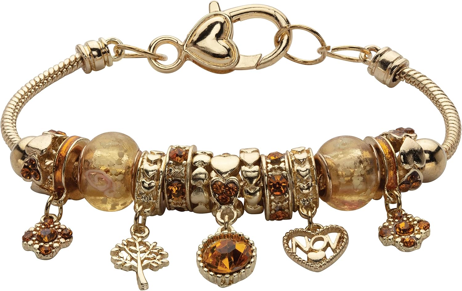PalmBeach Goldtone Antiqued Crystal Charm Birthstone Bracelet (13mm), 8 inch Adjustable Month 11