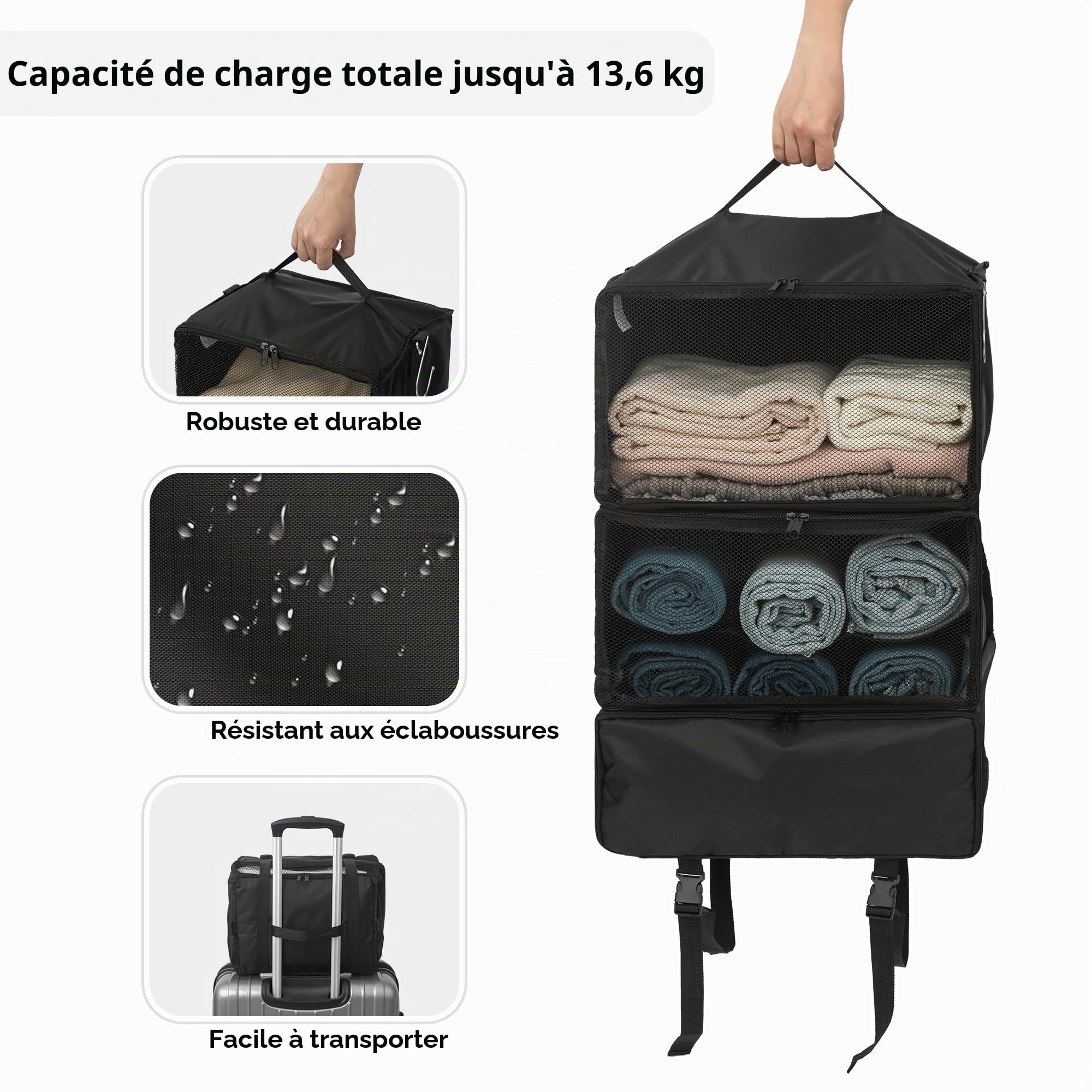 GRANNY SAYS Rangement Suspendu, Grand Organisateur de valises Suspendu Pliable, Cube d'emballage Portable Cube d'emballage à Suspendre Sac de Rangement pour valises et Bagages Noir