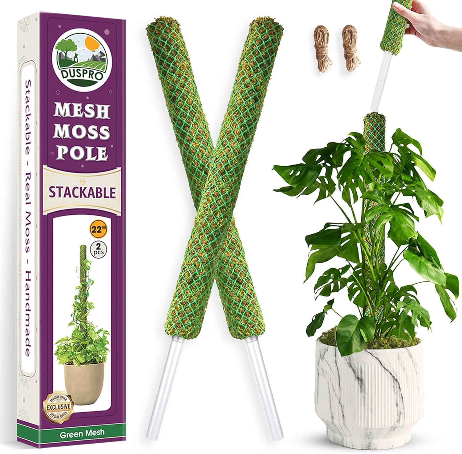 DUSPRO D-Shaped Plastic Moss Poles for Climbing Plants Monstera Stackable Moss Pole for Plants Moss Plant Pole Handmade Moss Stick for Indoor Plants Grow Upward 2 Pack 16.5 inches