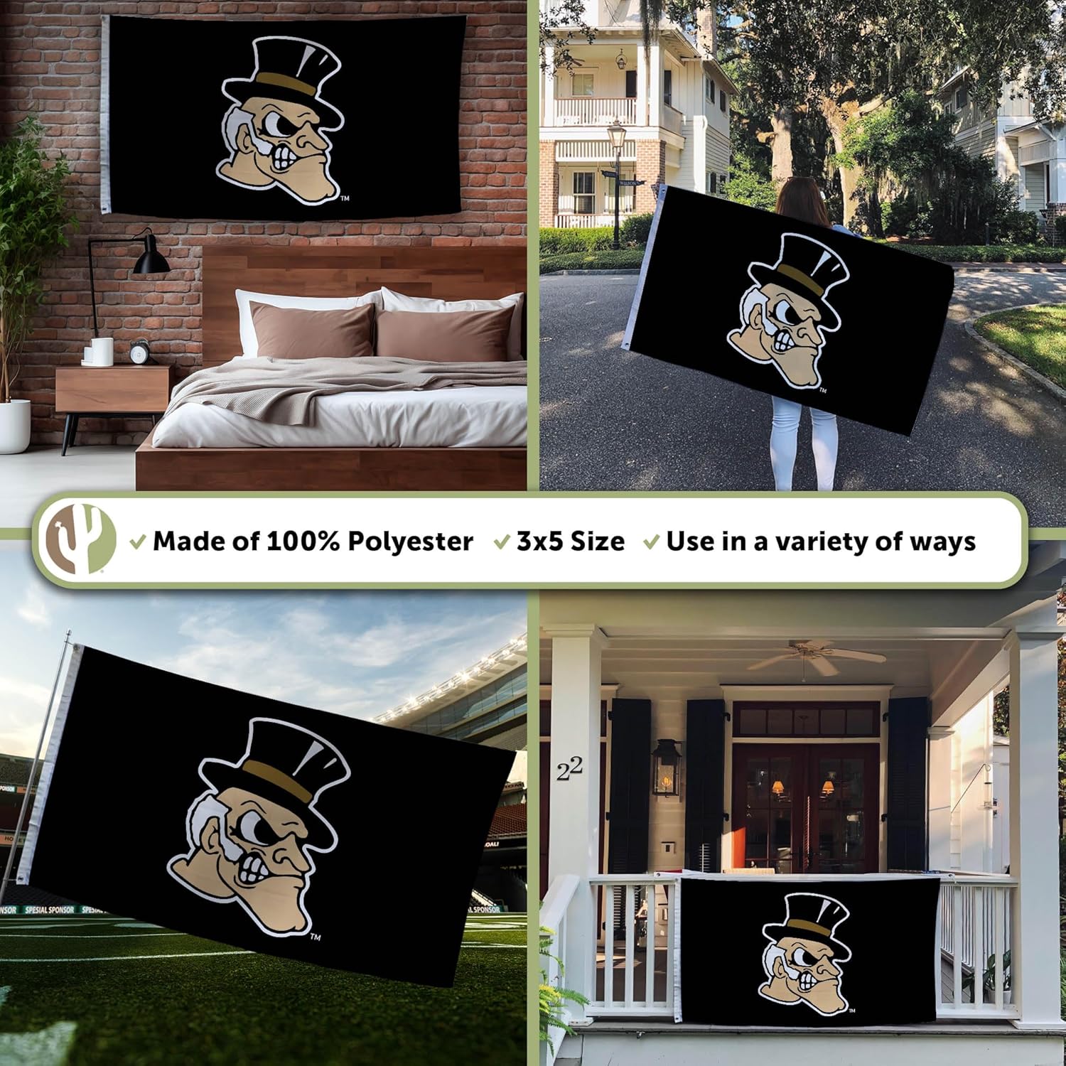 Desert Cactus Wake Forest University WFU Flag - 3 x 5 Feet Deacons Banner, Indoor/Outdoor Durable Fabric, 100% Polyester Design (Style 4)