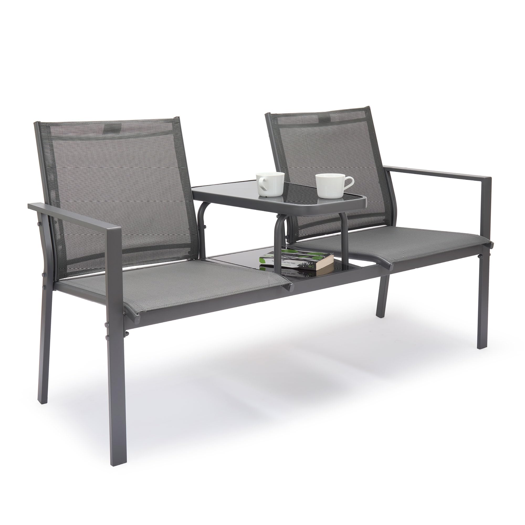 Vonhaus Love Seat for Garden - Grey 2 Seater Textilene Jack & Jill Loveseat - Water-resistant Patio & Companion Set for Outdoor, Balcony & Terrace - 2 Tier Table Tete a Tete - Paris