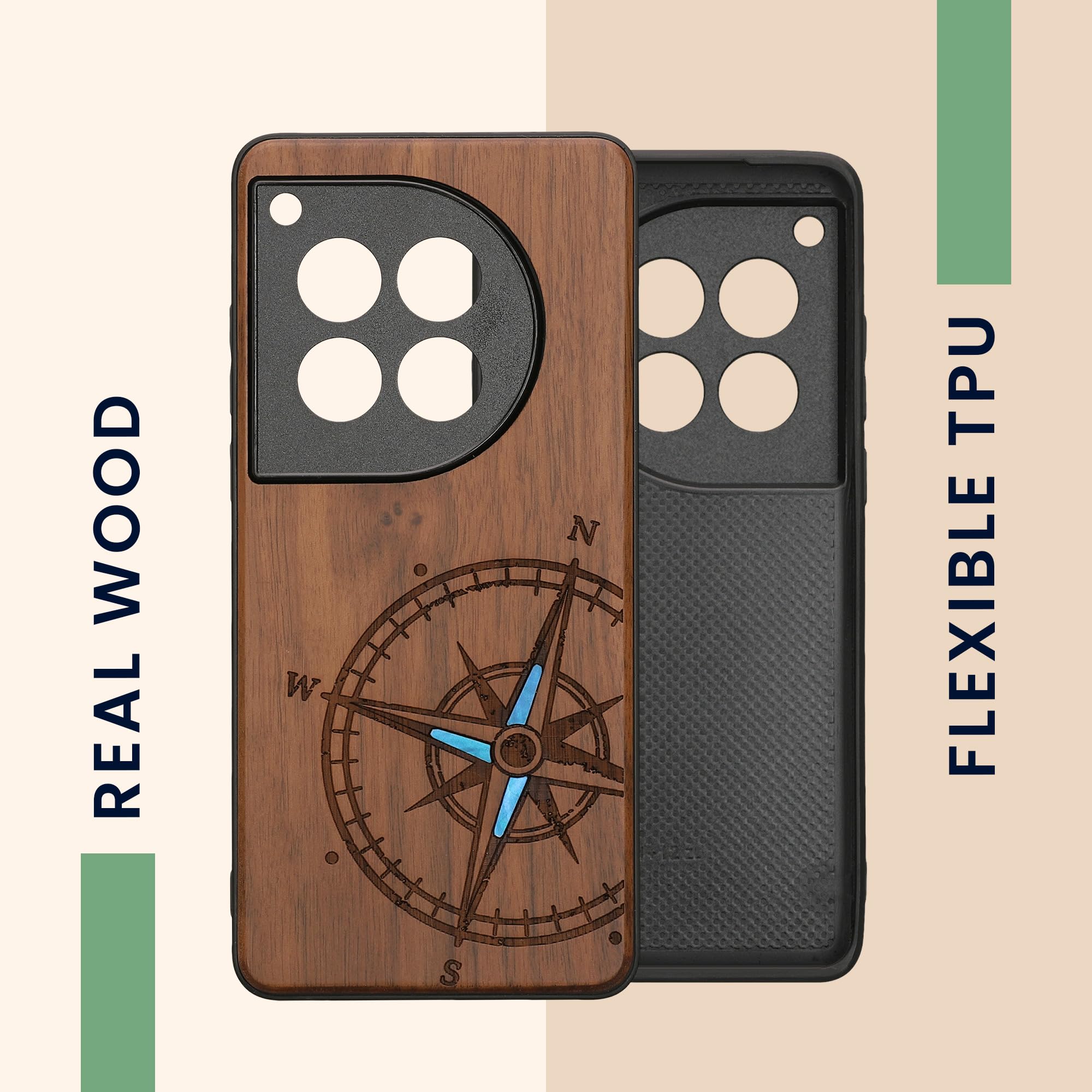 kwmobile Wood Case Compatible with OnePlus 12 Case - Cover - Navigational Compass Mother of Pearl Dark Brown - Image 4