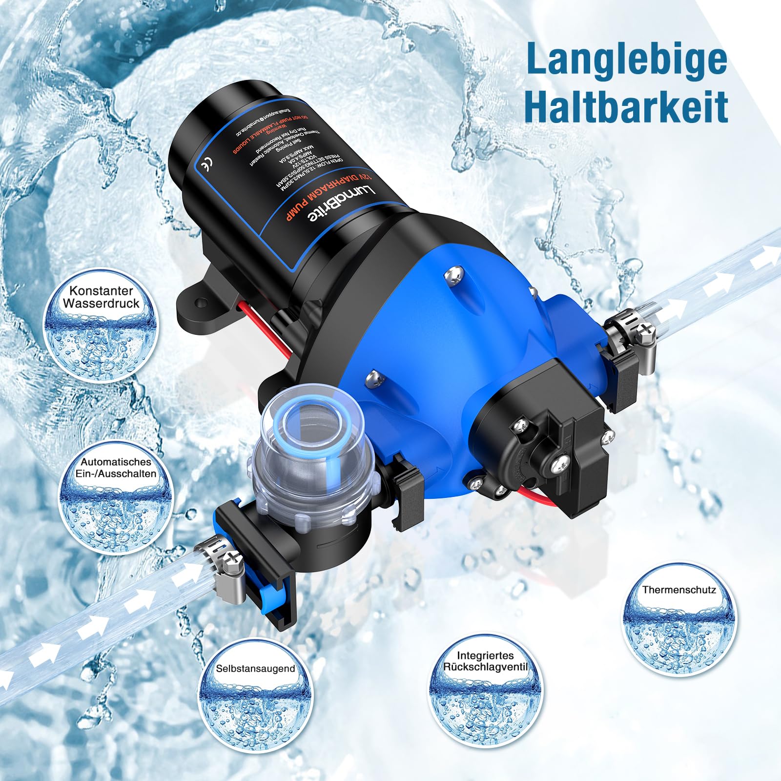 Membranpumpe 12V Wasserpumpe 3.3 GPM 50PSI Wasserpumpe Wohnmobil Selbstansaugend mit automatischem Druckschalter für Wohnmobil, Yacht, Imbisswagen, Camper, Marine