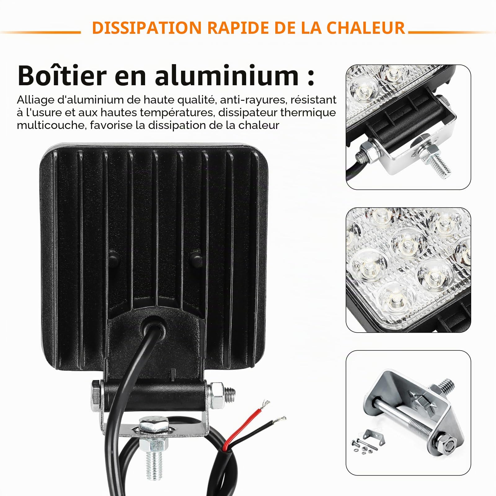 Lot de 4 projecteurs de travail LED 48 W 12 V 4320 lm Phare LED 6500 K Feu de recul IP67 étanche pour tracteur tout-terrain SUV