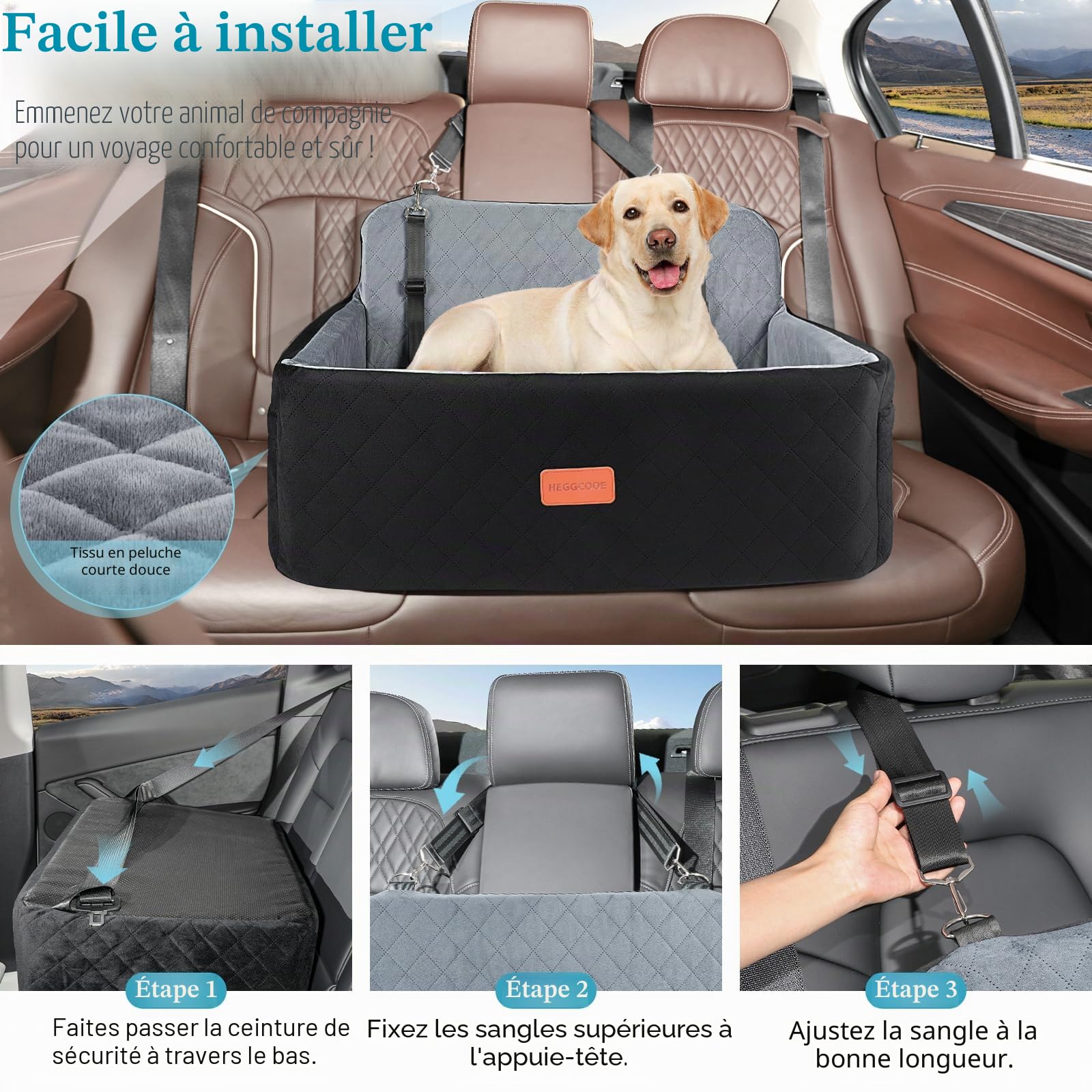 HEGGCOOE Siège auto pour chiens moyens/grands - Rehausseur pour animaux <25 kg ou 2 petits chiens, lit de voiture amovible et lavable pour siège arrière