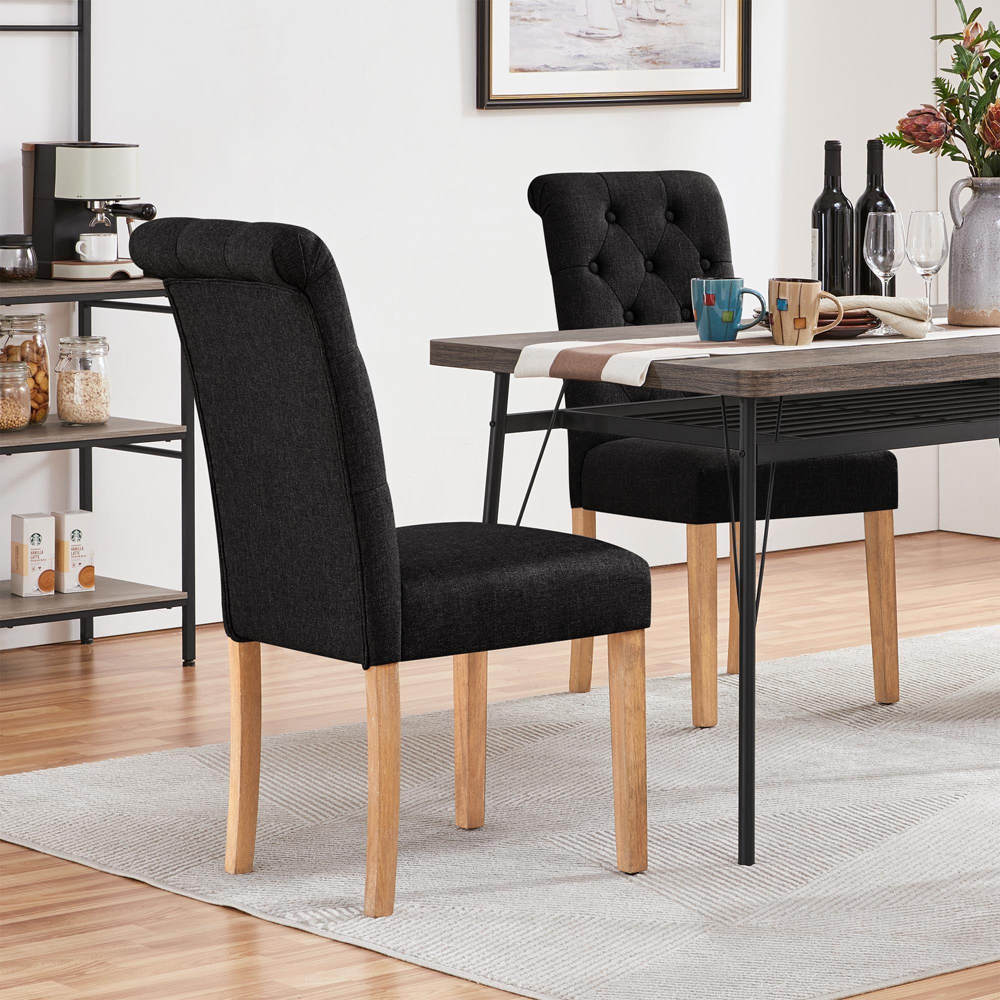 Yaheetech Juego de 2 Sillas de Comedor Silla Acolchada con Respaldo Alto Patas de Madera Silla Tela para Comedor Cocina Negra — view 2