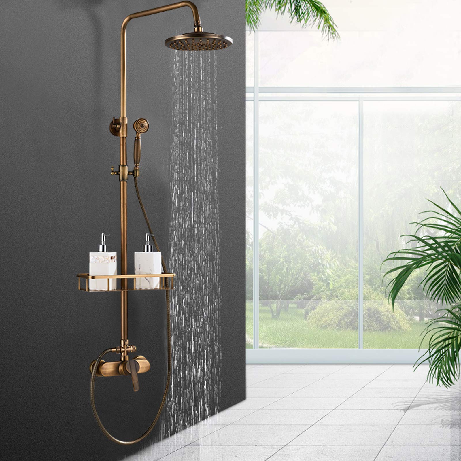 Set doccia con soffione doccia a pioggia, 20 x 20 cm, rotondo, asta doccia a pioggia, regolabile, 78 – 115 cm, colonna doccia con ripiano, in ottone