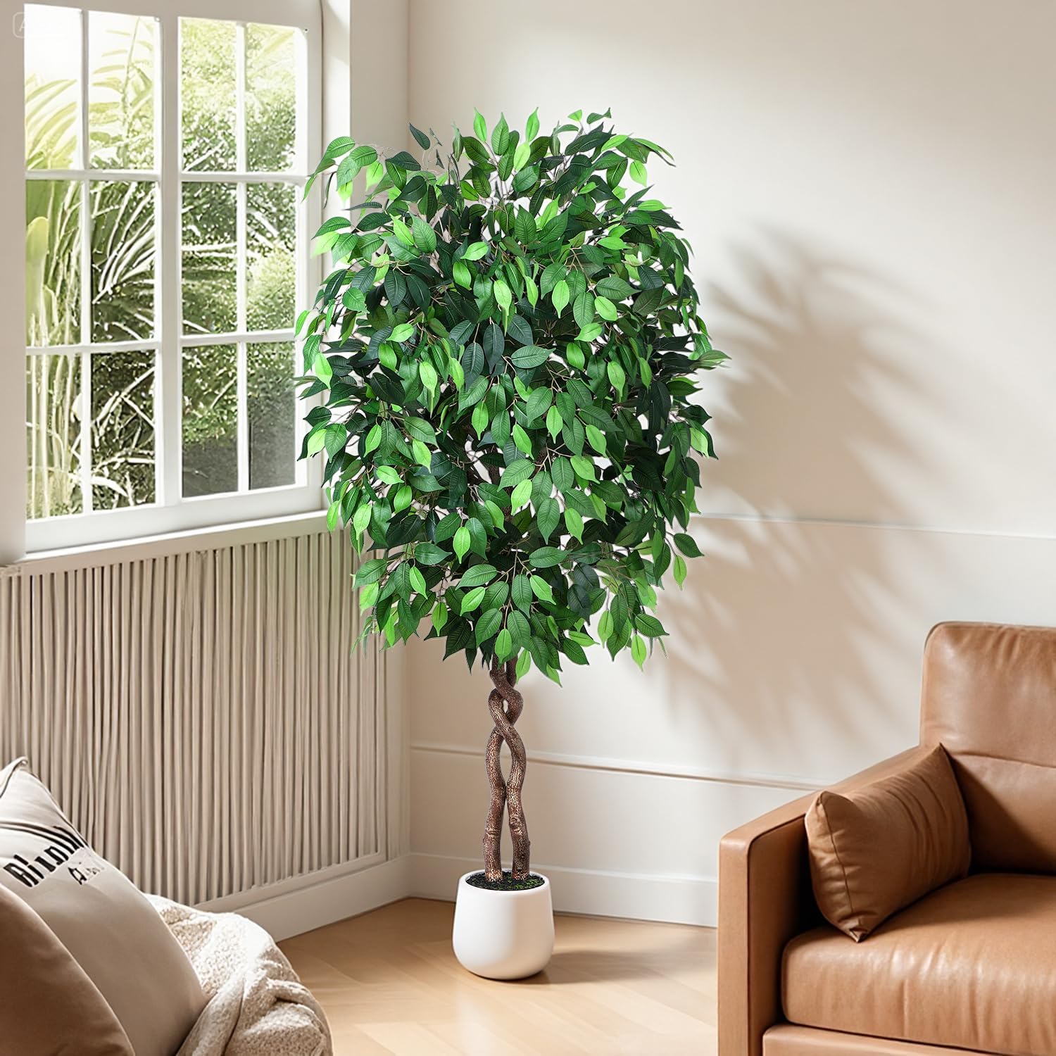 6FT Artificial Ficus Tree, Tall Faux Trees Indoor with White Planter, Dried Moss, Natural Silk Leaves & Trunk, Fake Plants for Home Living Room Office Corner Decor Housewarming Gift - Image 7