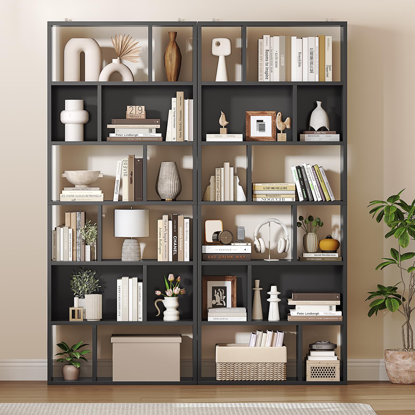 Bibliothèque, Étagère à 6 Niveaux, Cloison Séparateur, Présentoir, Meuble de Rangement avec 12 Compartiments Ouverts pour Salon, Chambre, Bureau, 24 x 60 x 173 cm, Noir