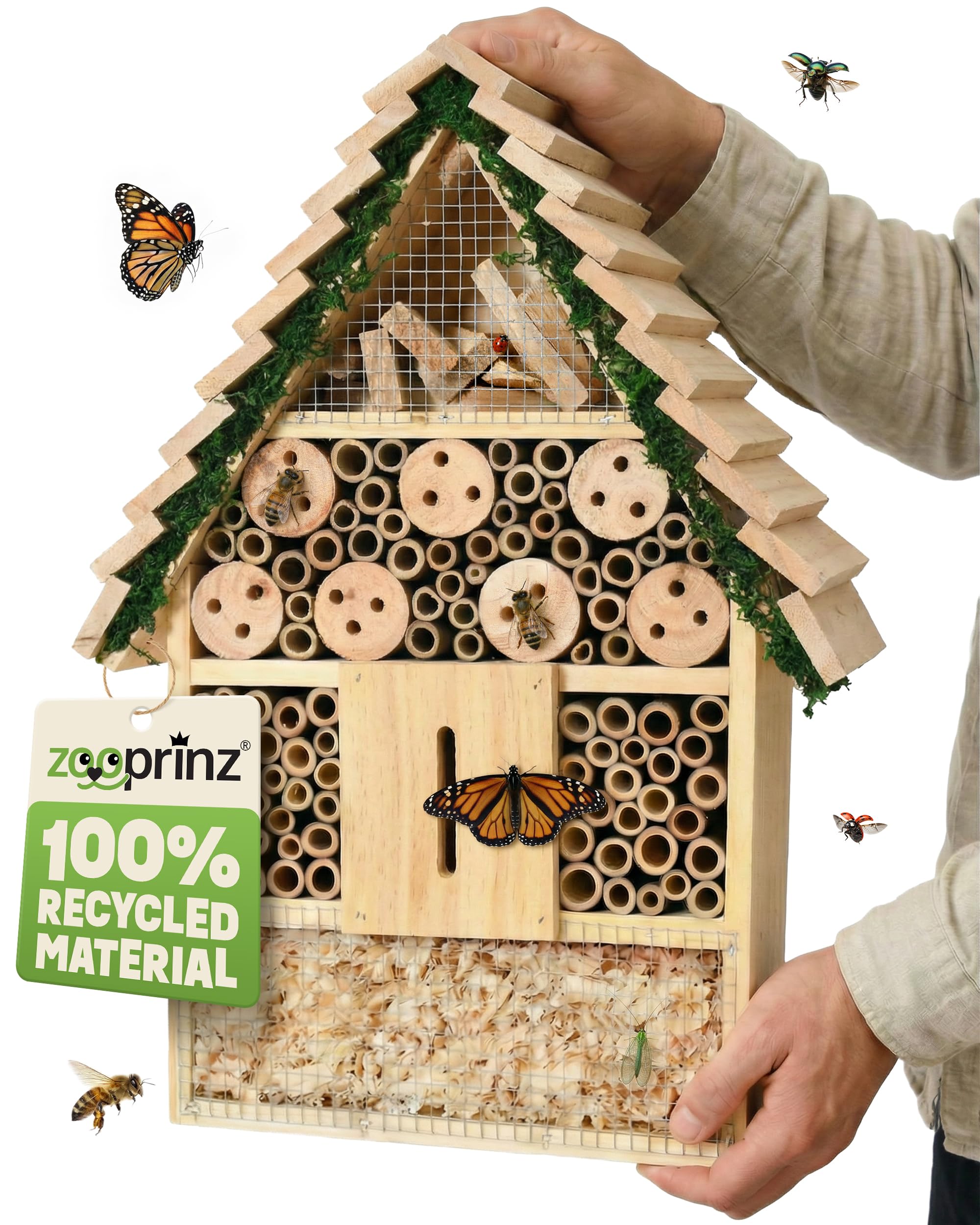 zooprinz Insektenhotel XXL Holz – Insektenhaus/Bienenhotel mit Bambus Röhrchen & Nisthilfe für Wildbienen – wetterfestes Design für Garten & Balkon – Stufendach (40,5 cm)