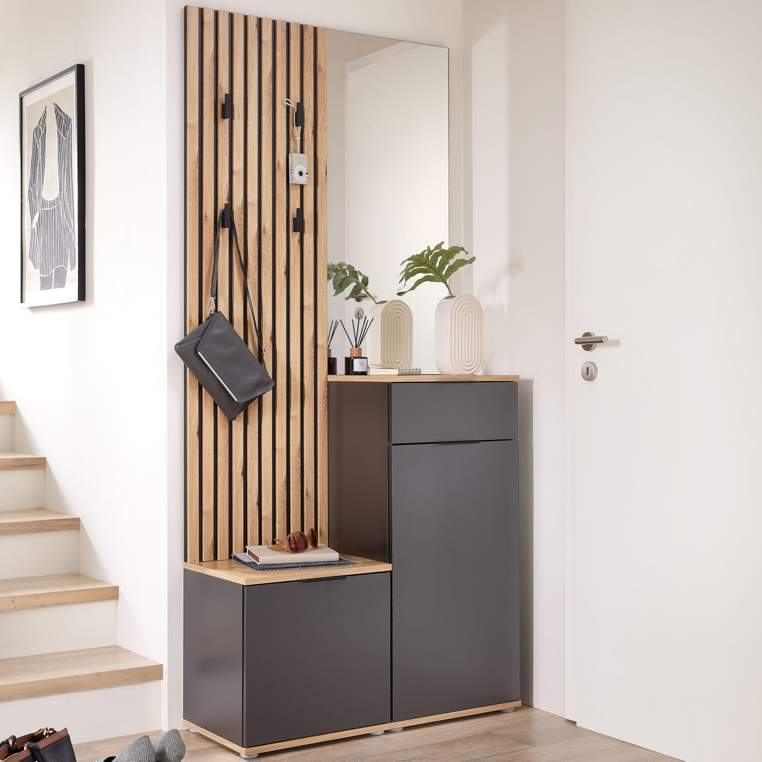 Simple Flurgarderoben Set in Artisan Eiche Optik, Anthrazit - Moderne Kompaktgarderobe mit Spiegel für Ihren Eingangsbereich - 88 x 195 x 35 cm (B/H/T)