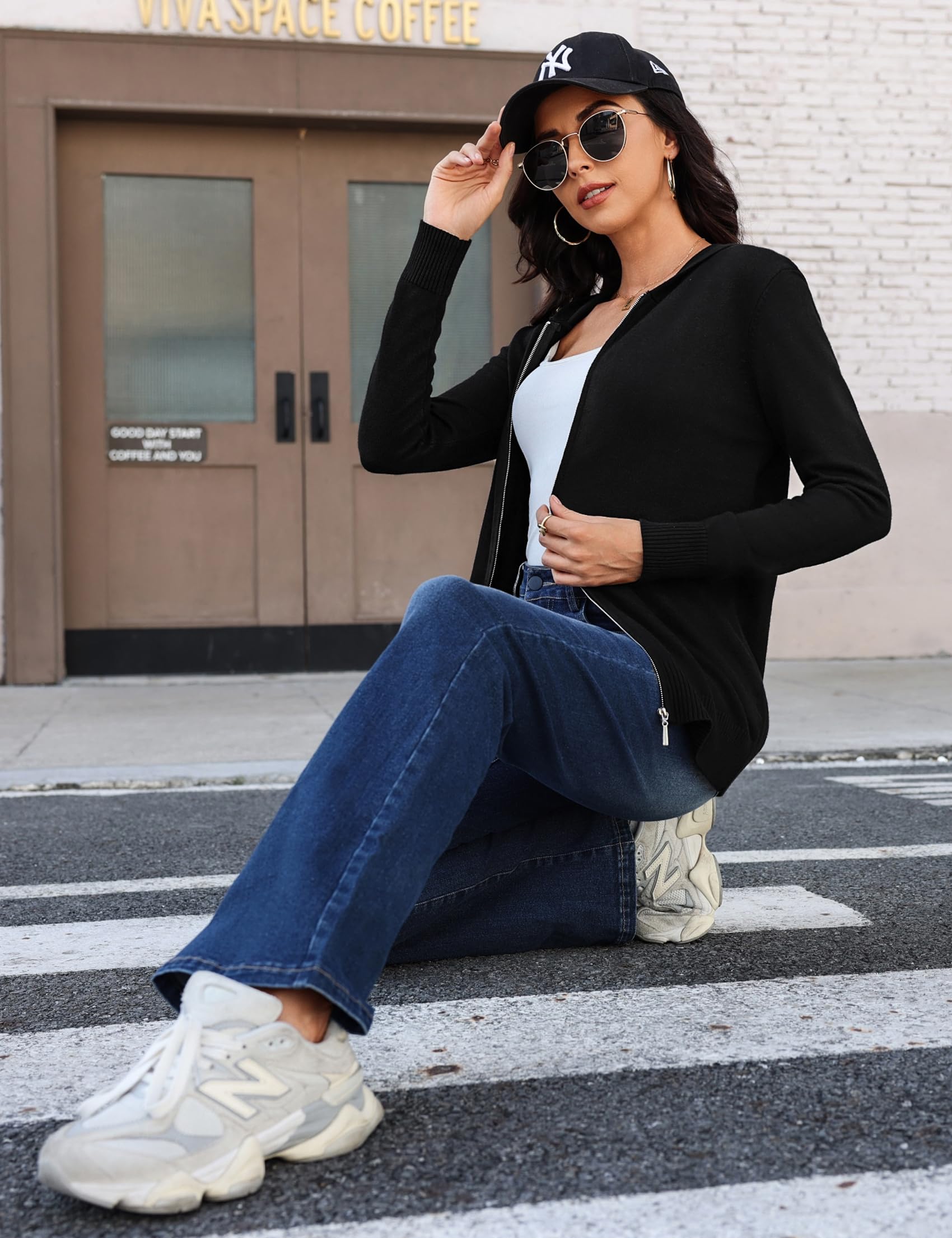 Aottori Gilet Cardigan Zippé Femme Chic et Elegant à Capuche Manches Longues Tricoté Léger Veste Sweat Pull Casual Automne Hiver