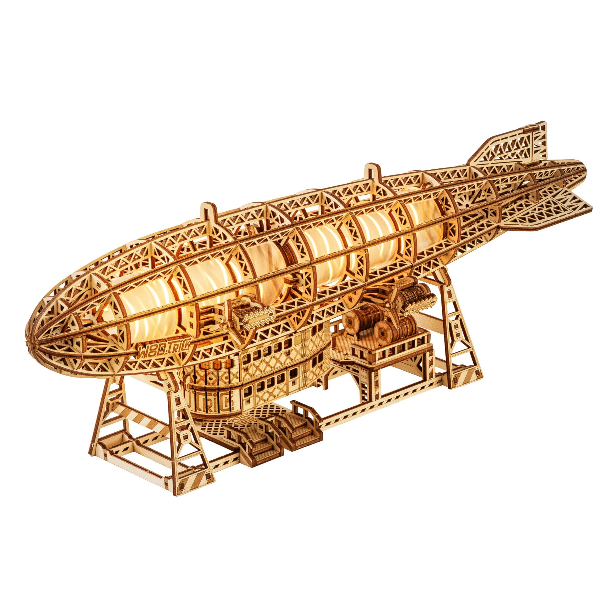 Wood Trick Zeppelin - Rompecabezas luminoso de madera 3D LED para adultos, hélices móviles y cola, incluye soporte de pared y soporte, proyectos de ingeniería de bricolaje mecánico, kits de modelo de