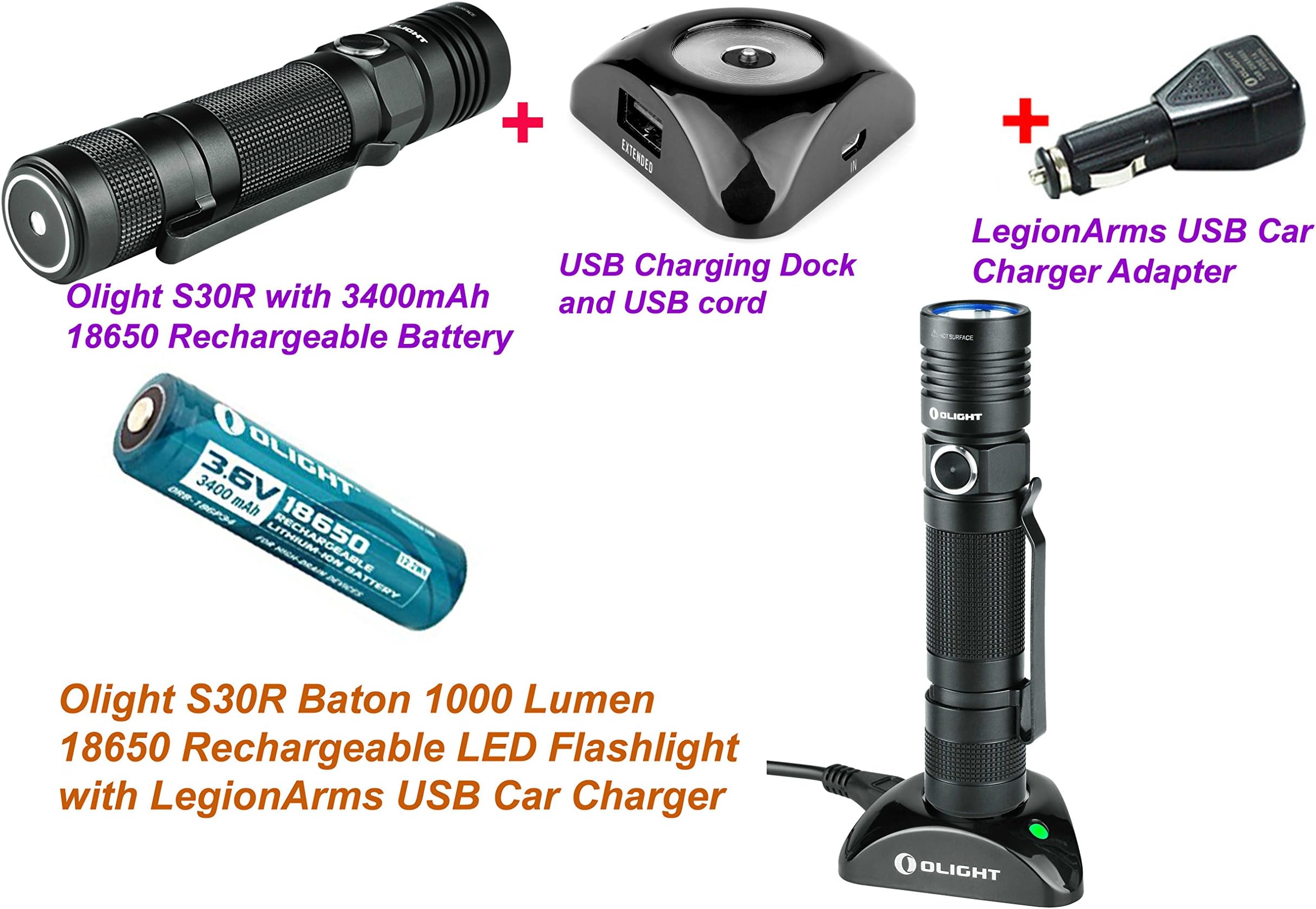 OLIGHT S30R Baton 1000 Lumens LED Flashlight Rechargeable S10 S20 upgrade with 3400mAh 18650 Li-ion battery, USB Charging dock and LegionArms Car Charger