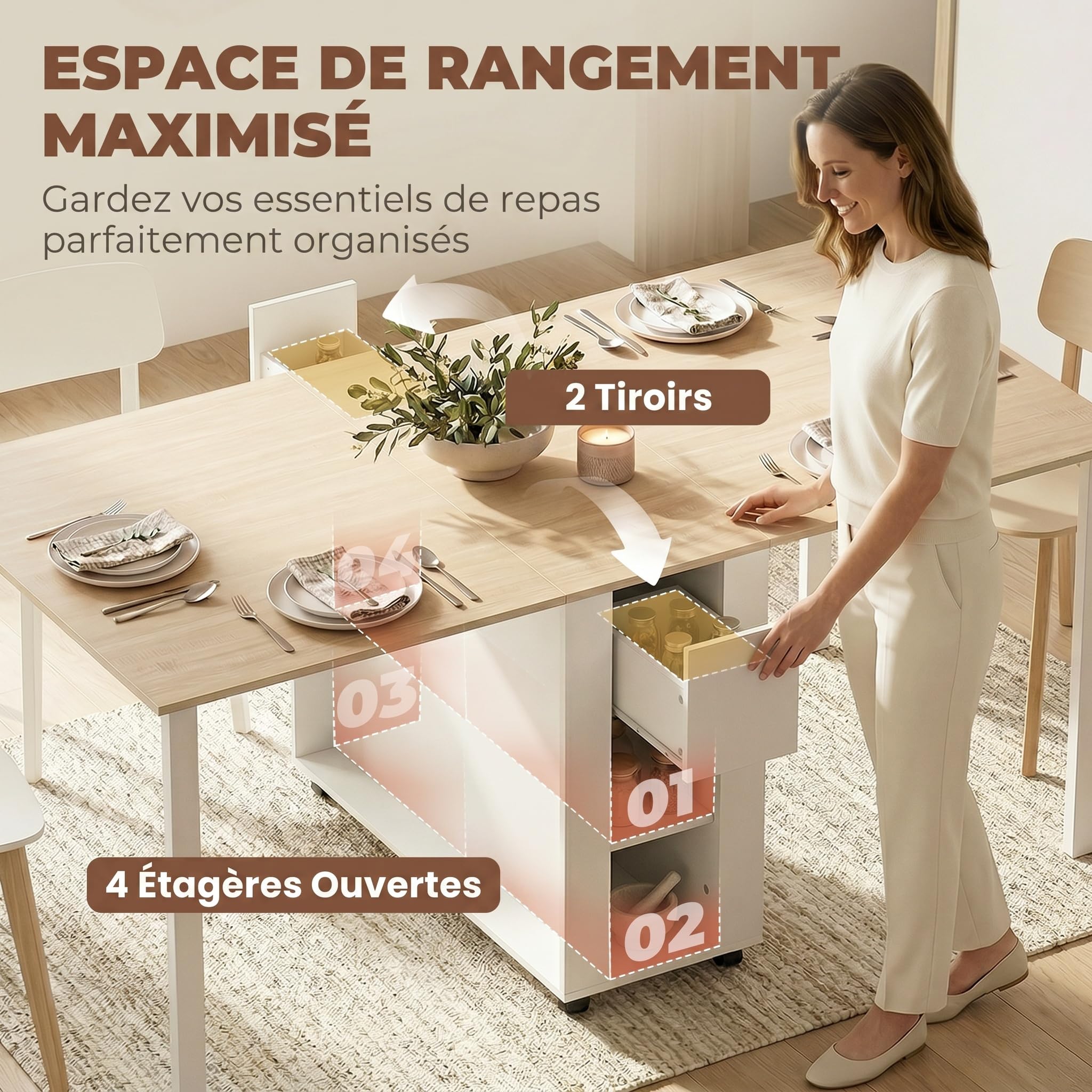 HOMCOM Table à Manger Pliante pour 6 Personnes 39-168 cm 2 Tiroirs Blanc | Table de Cuisine Rectangulaire, 2 Abattants, 4 Étagères Ouvertes, Pieds en Bois de Pin, Petit Espace, Salle à Manger