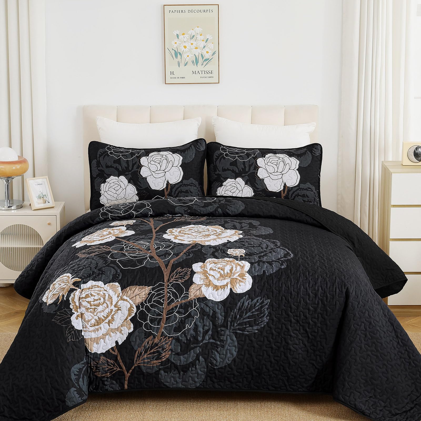 Photo 1 of **** ALL BLACK NO DESIGN STOCK PHOTO SIMILAR NOT EXACT**** Quilt Set King Size,Elegant Black Bedspread Coverlet 3 Pieces Soft Microfiber Bedding Set with for All Season(104"×90")
