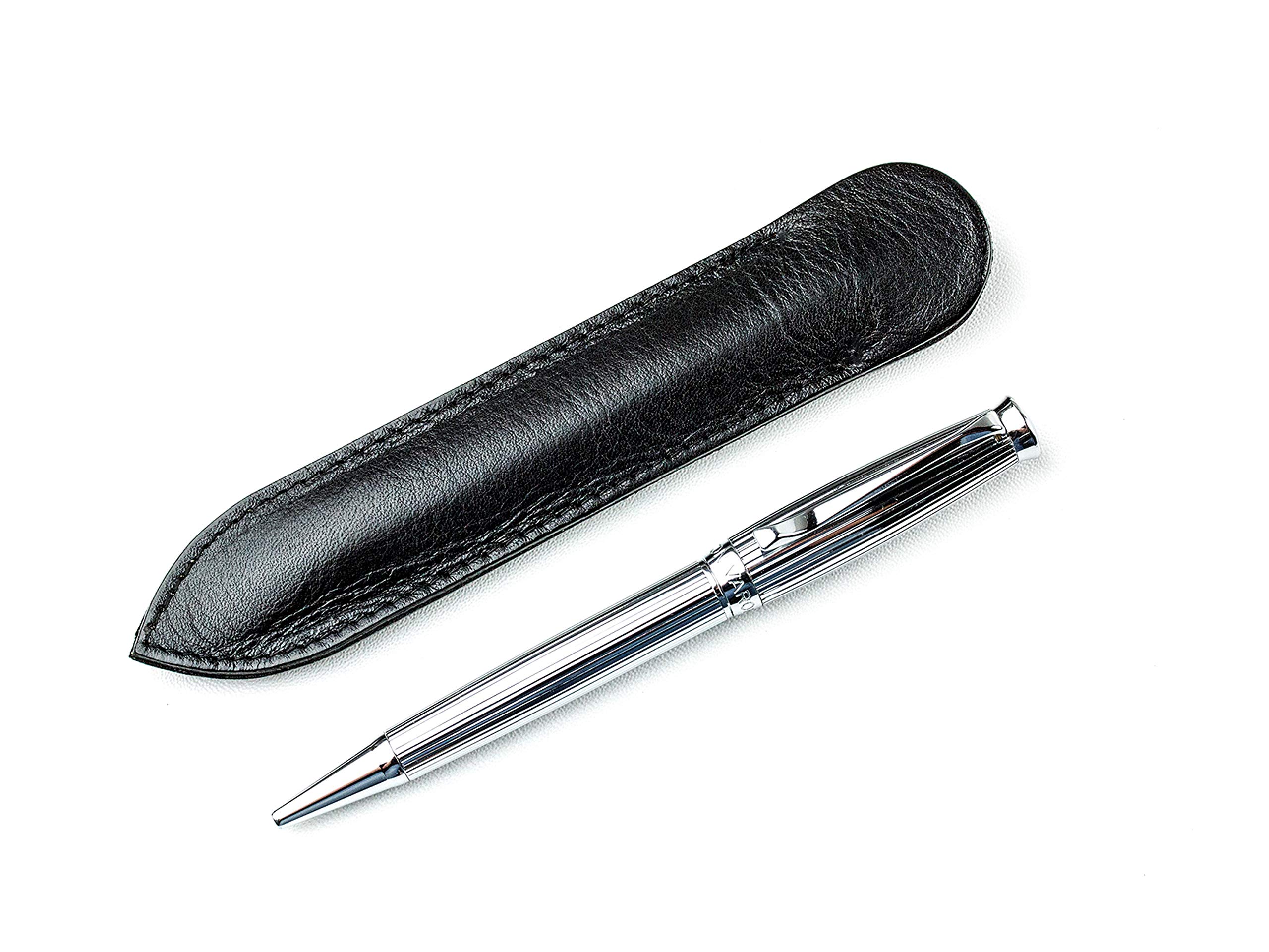 DELMON VARONE - Premium Drehkugelschreiber Silber nachfüllbar mit Blau schreibender Mine & Lederetui - Metall Kugelschreiber für Erwachsene edel, mit silberfarbener Oberfläche & Leder Etui mit Gravur