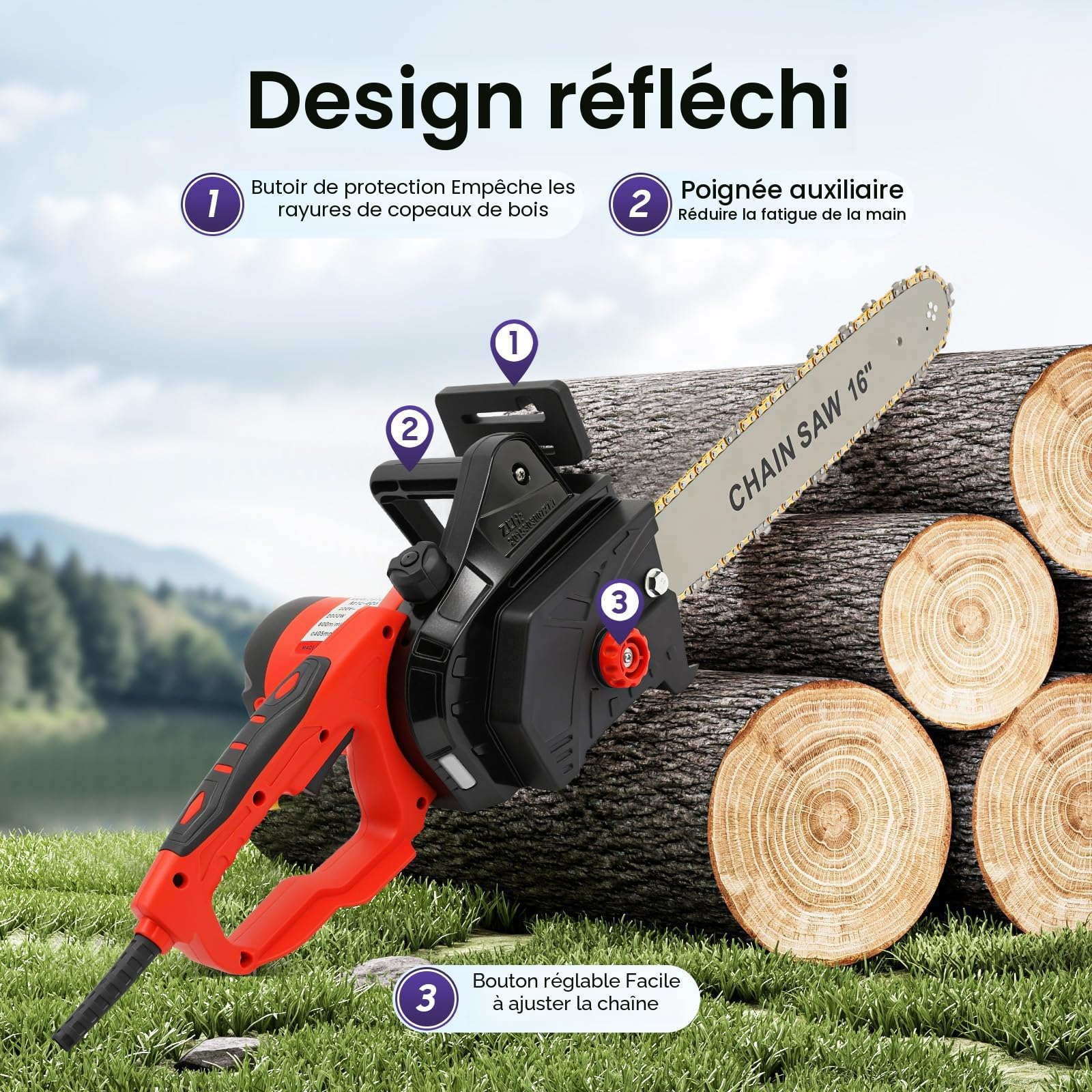 Tronçonneuse électrique 2000W 16 pouces, tronçonneuse filaire avec moteur en cuivre complet 800 tr/min, tronçonneuse à bois électrique à lubrification automatique pour le bois de chauffage et le