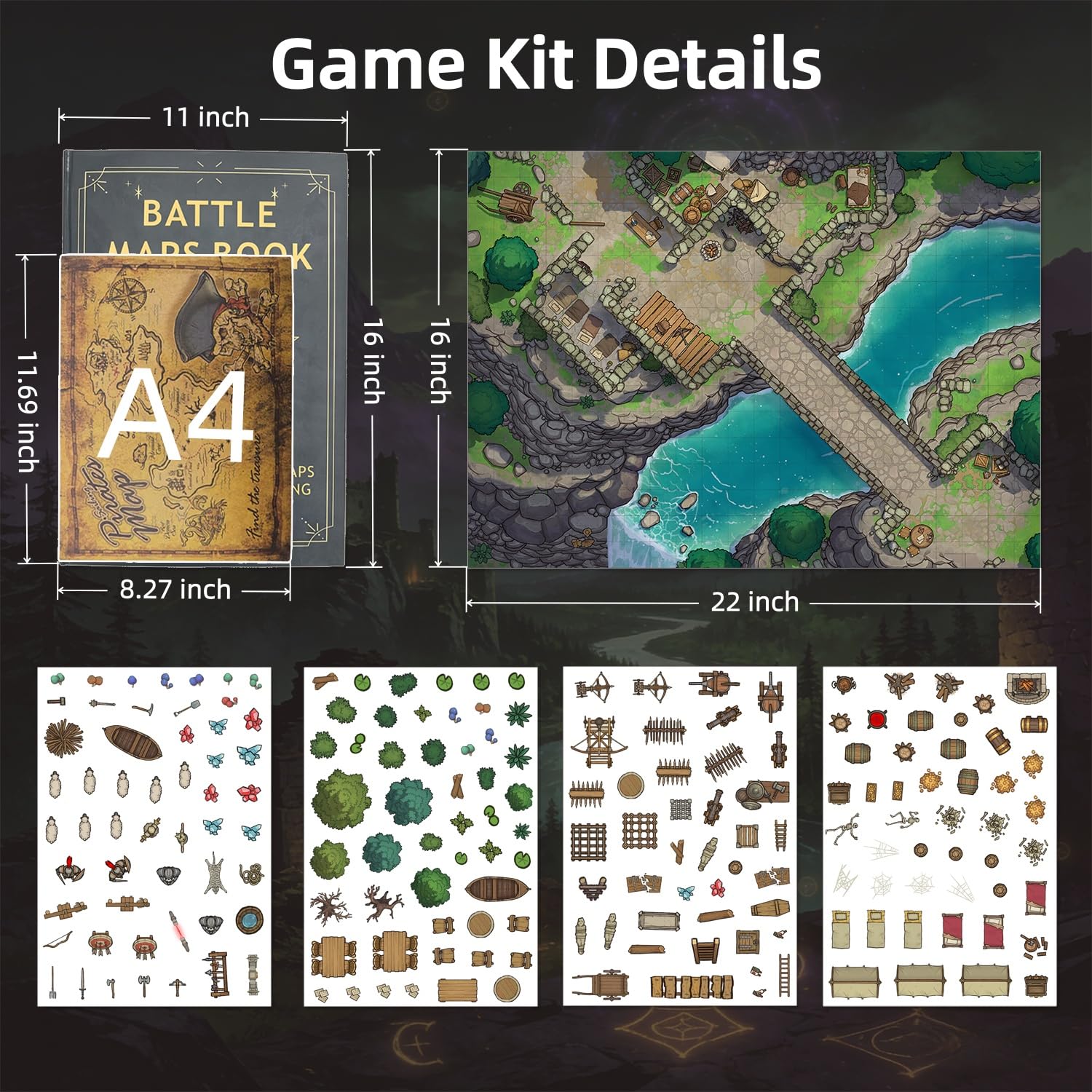 DND Battle Map Book – 39 tappetini riutilizzabili cancellabili a secco/bagnato con oltre 200 decalcomanie paesaggistiche, griglia da 2,5 cm e rilegatura piatta – Kit portatile RPG terreno per campagne