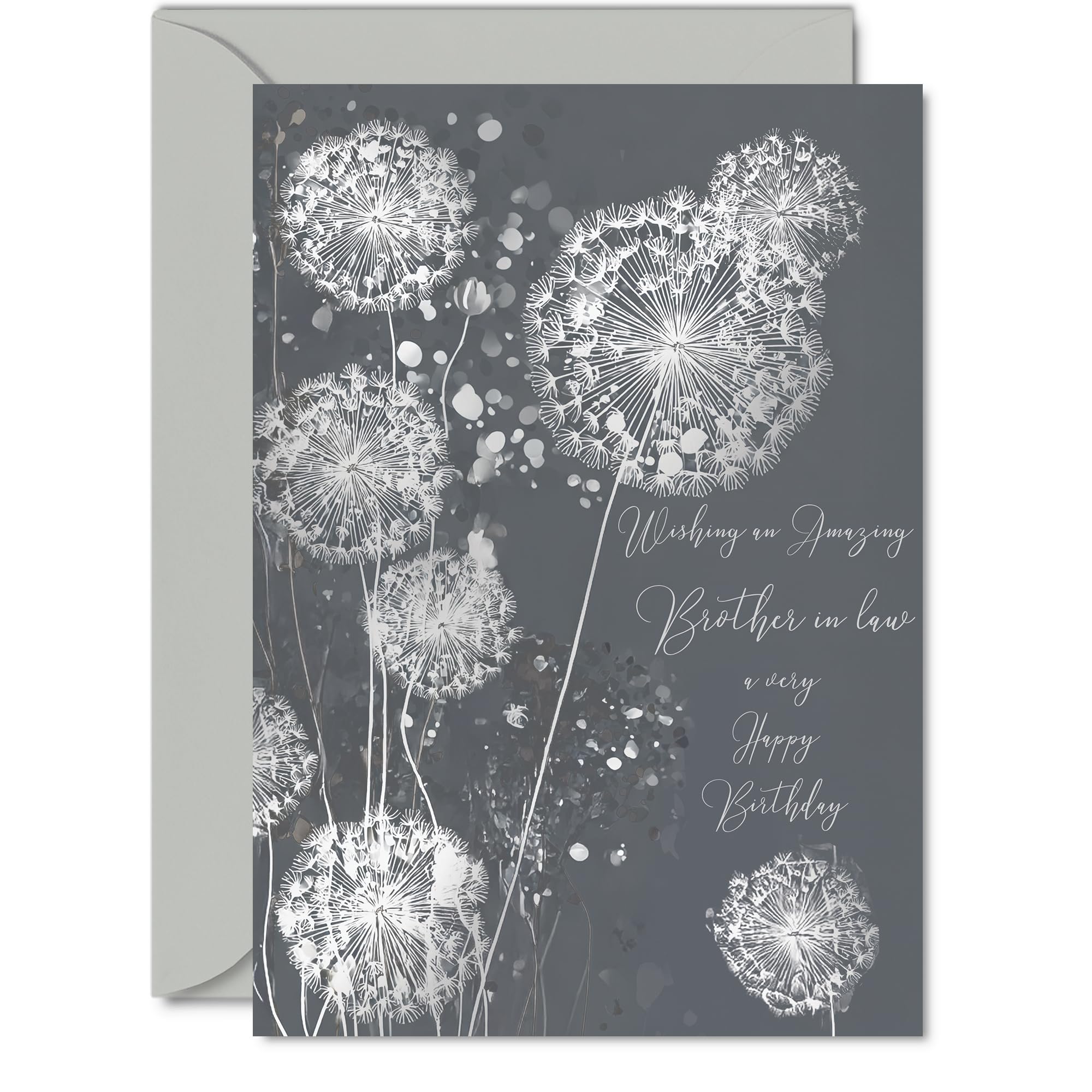 Silver Brother in Law Birthday Card - Shimmering Dandelions - Happy Birthday Card for Brother in Law from Sister Sibling, A5 Silver Elegant and Modern Bday Greeting Cards