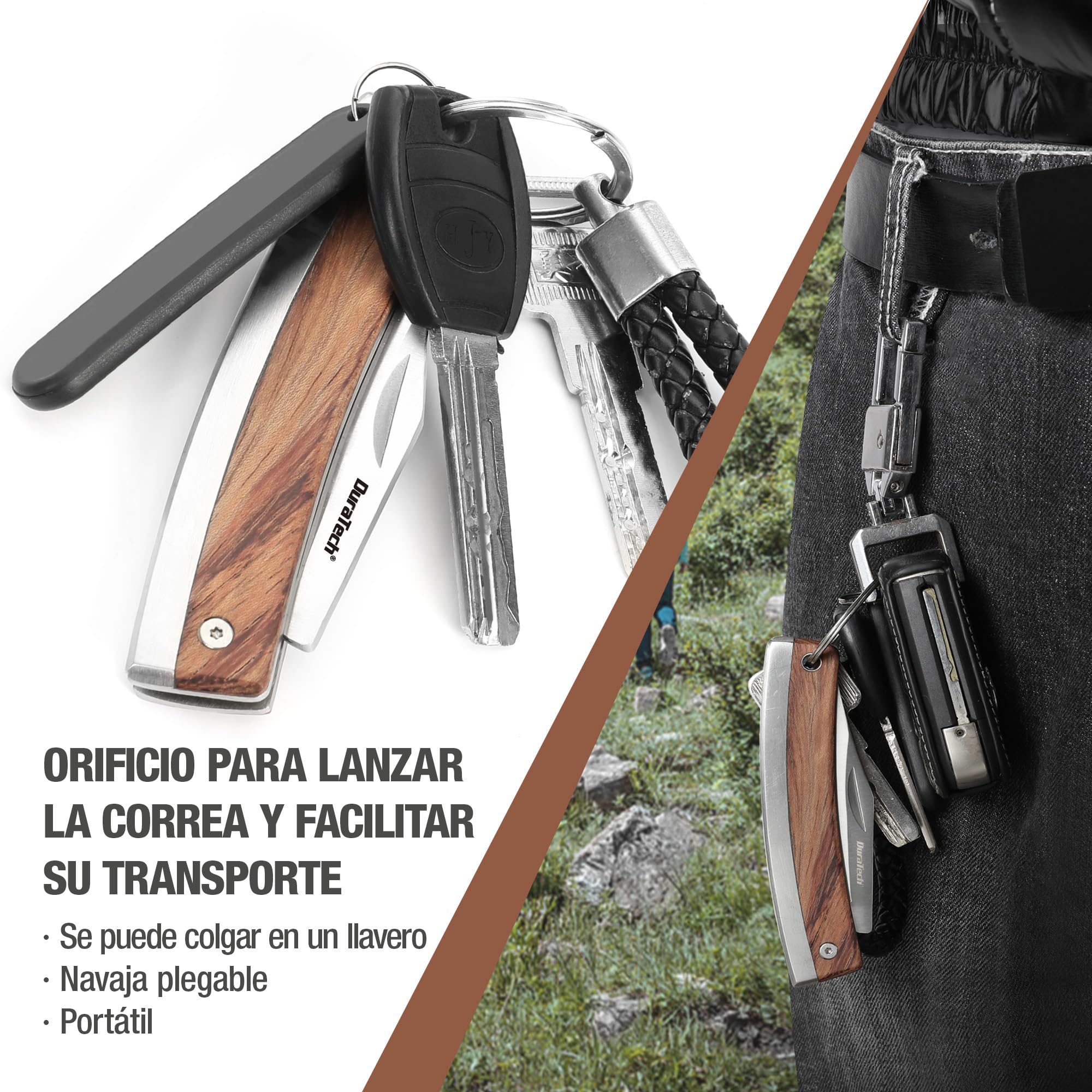 DURATECH Navaja Plegable, Cuchillo de Acero Inoxidable con Mango de Madera, Liviana y Compacta, Cuchillo Plegable de Bolsillo para Camping, Picnic, Senderismo