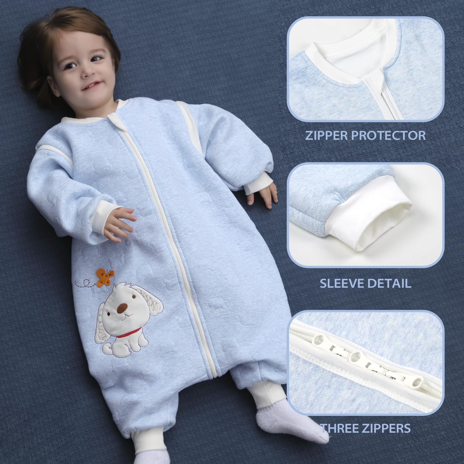 Sacco nanna invernale a maniche lunghe, per bimbe e bimbi, con aperture per i piedi e motivo di cagnolino, in cotone, unisex, per tutto l'anno, Blu 36-48 Monate