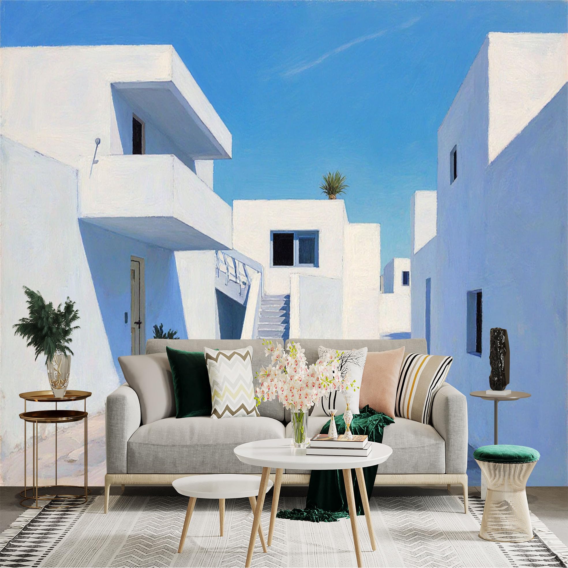Lnzczhyre Xc260505920 Custom Size Wall Sticker Mural， Mediterranean Architecture， Minimalist White Houses， Bright Sunny Courtyard， Aegean Sea Coastal Village， For Wall Decoration， Peelandstick Wall Decals.