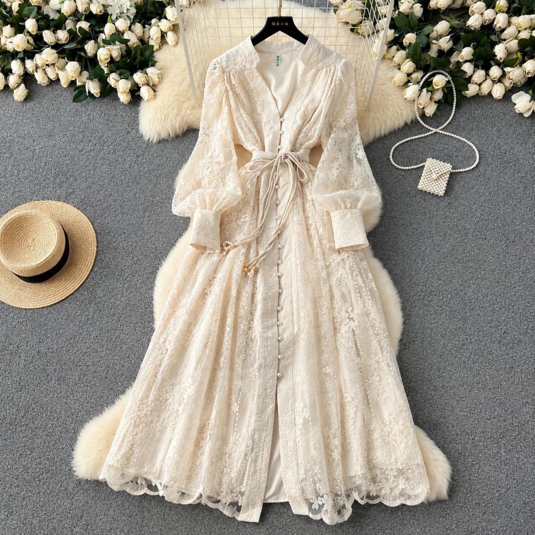 Vestido Largo de Mujer Escote en V Encaje Floral Bordado Vintage Mangas Farol Vestido Largo romántico Boho Mangas abullonadas línea A Fluido Vestido invitada Boda Fiesta