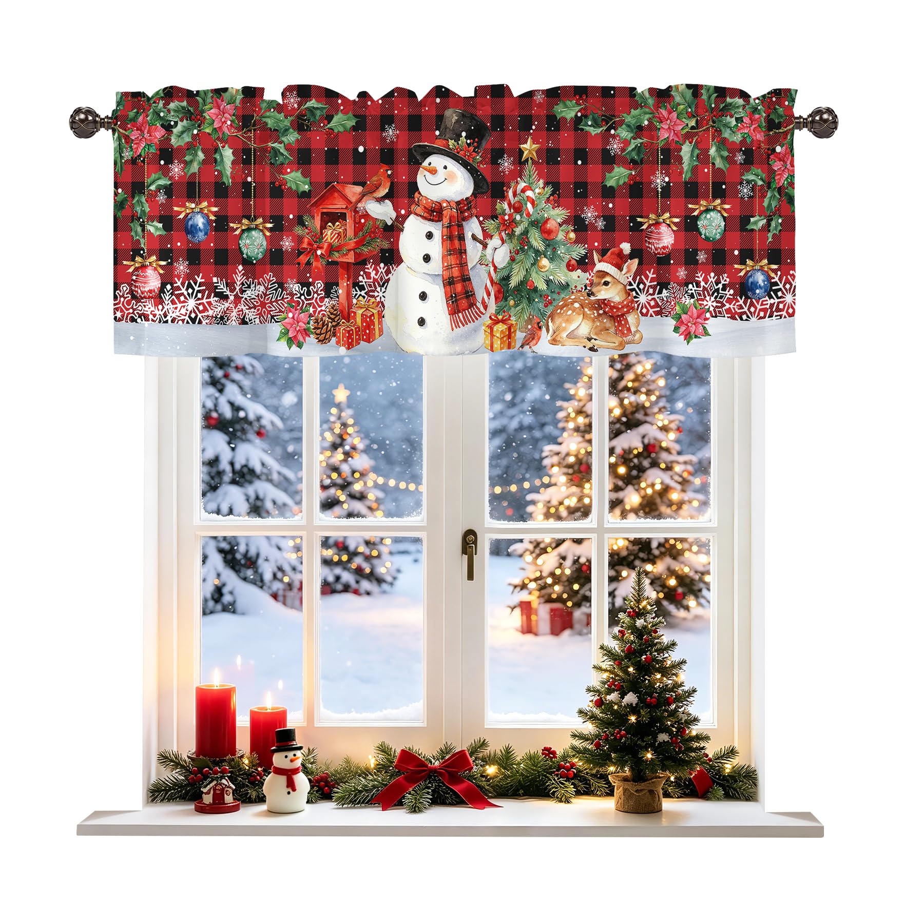 Christmas Snowman Xmas Tree Valance for Windows, Rod Pocket Short Curtain Topper for Kitchen Bathroom Laundry Basement, 42W x 12L Inch