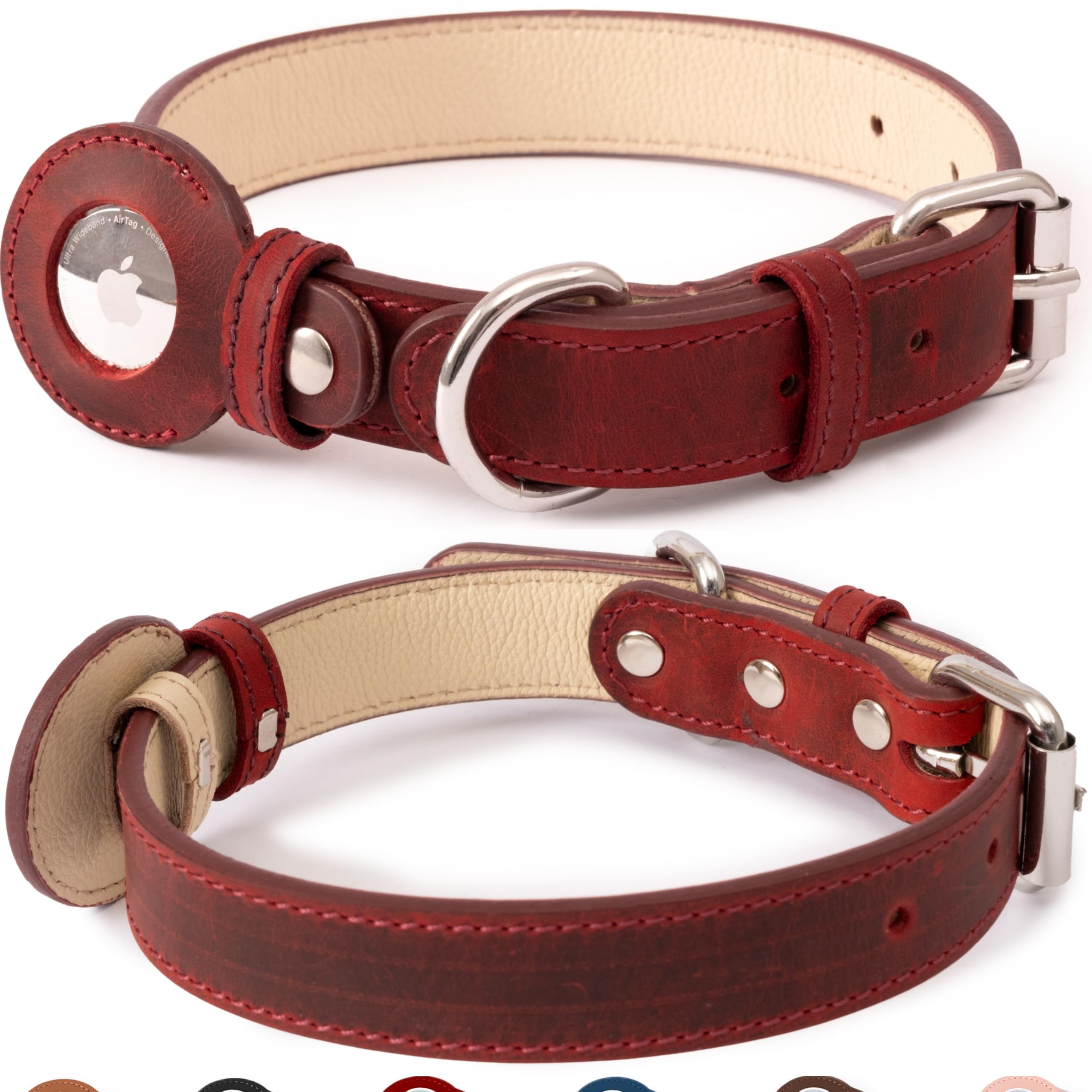 Hundehalsband aus echtem Leder mit Apple-AirTag-Halterung für kleine, mittelgroße und extra große Welpen, mit Metallschnalle, strapazierfähig, genarbtes weiches Leder, gepolstert, Rot, Größe S, 25,4 -