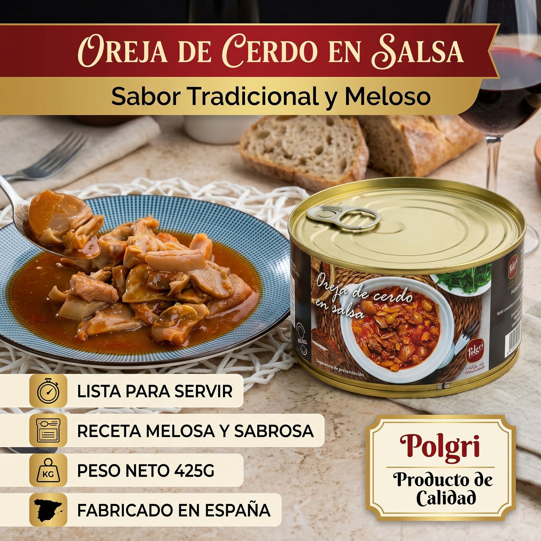 POLGRI Oreja de Cerdo en Salsa 425g x 3 latas Receta Tradicional de La Mancha Lista para Comer