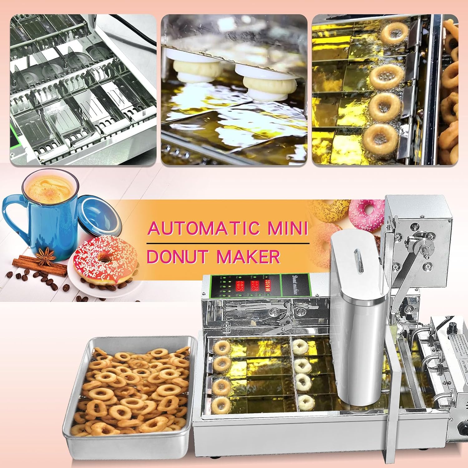 Commerical 4 Rows Mini Donut machine, Donut maker machine,Stainless Steel Donut Making Machine, Auto Donut Maker, Mini Donut Machine,Large Capacity 1750pcs /h
