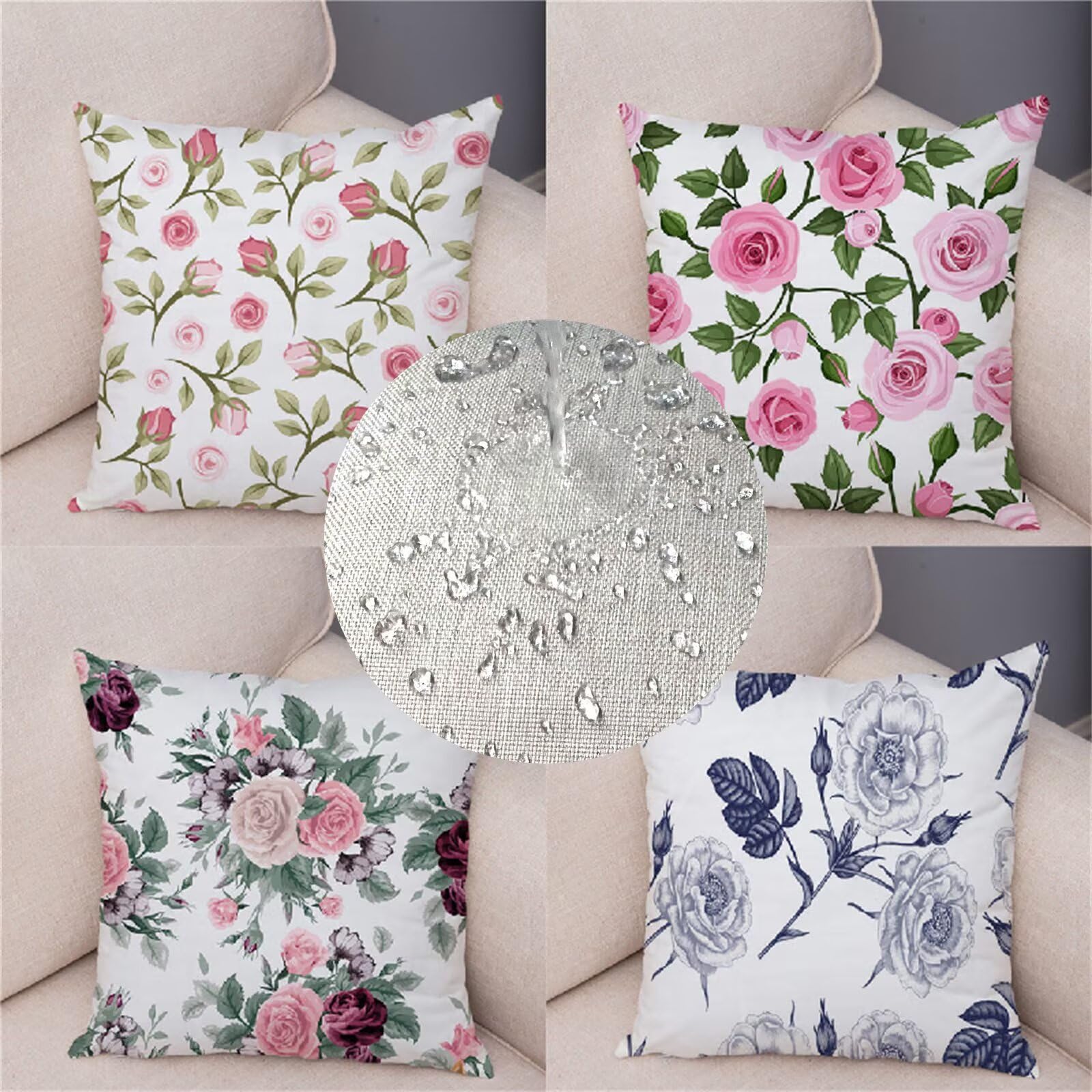 Juego de 4 Fundas Cojines Rosa Funda Cojin 60x60 cm Doble Cara Lino Cojines Cama Decorativos, Exterior Impermeable Funda Cojin con Cremallera Oculta para Patio Jardín Interior Sofá Planta Flor R-351