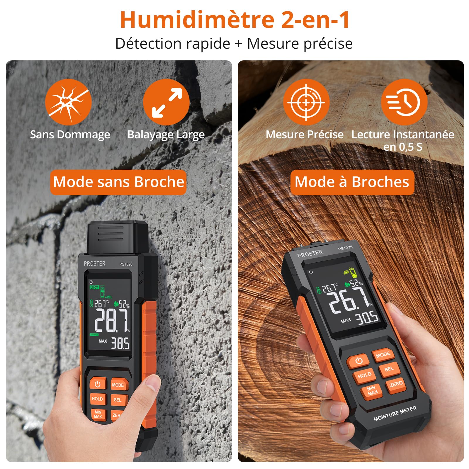 Proster Humidimètre Bois 2-En-1 à Broche et Sans Broche - Testeur Humidité avec Alarme pour Bois, Maçonnerie, Plâtre, Affichage Température, Max/Min pour Rénovation, Entretien Domestique, Chantiers