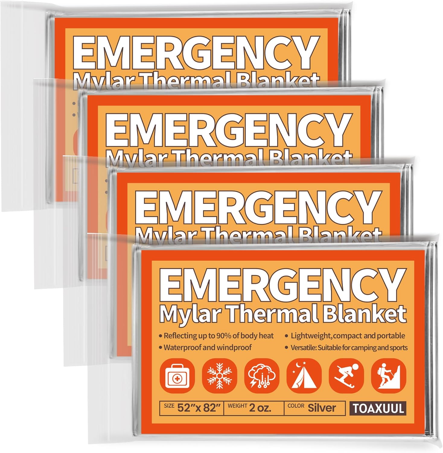 Emergency Blanket 4 Pack, Reflective Thermal Blanket, Space Mylar Blankets Survival Gear,82″ X 52″ Emergency Blanket 4 Pack, Reflective Thermal Blanket, Space Mylar Blankets Survival Gear,82″ X 52″