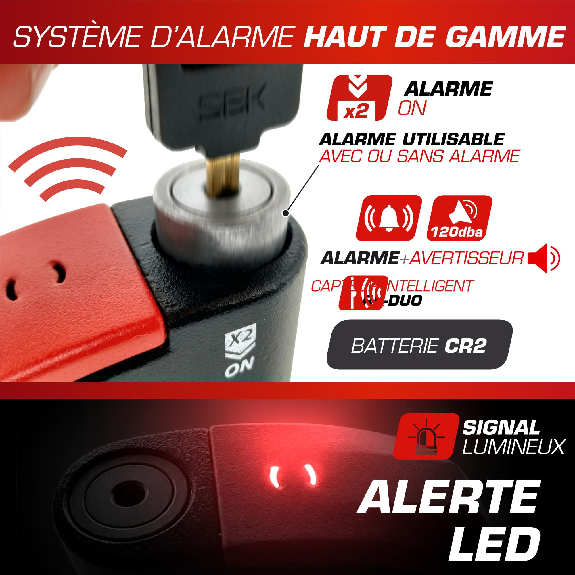 RADIKAL RK15 Antivol Moto Homologué SRA Bloque Disque avec Alarme Premium | Activation au choix, 120 dB, LED Alerte, Warning Pré-Alarme | Bloc Sécurité Double Verrouillage Acier Cémenté 14 mm, Rouge