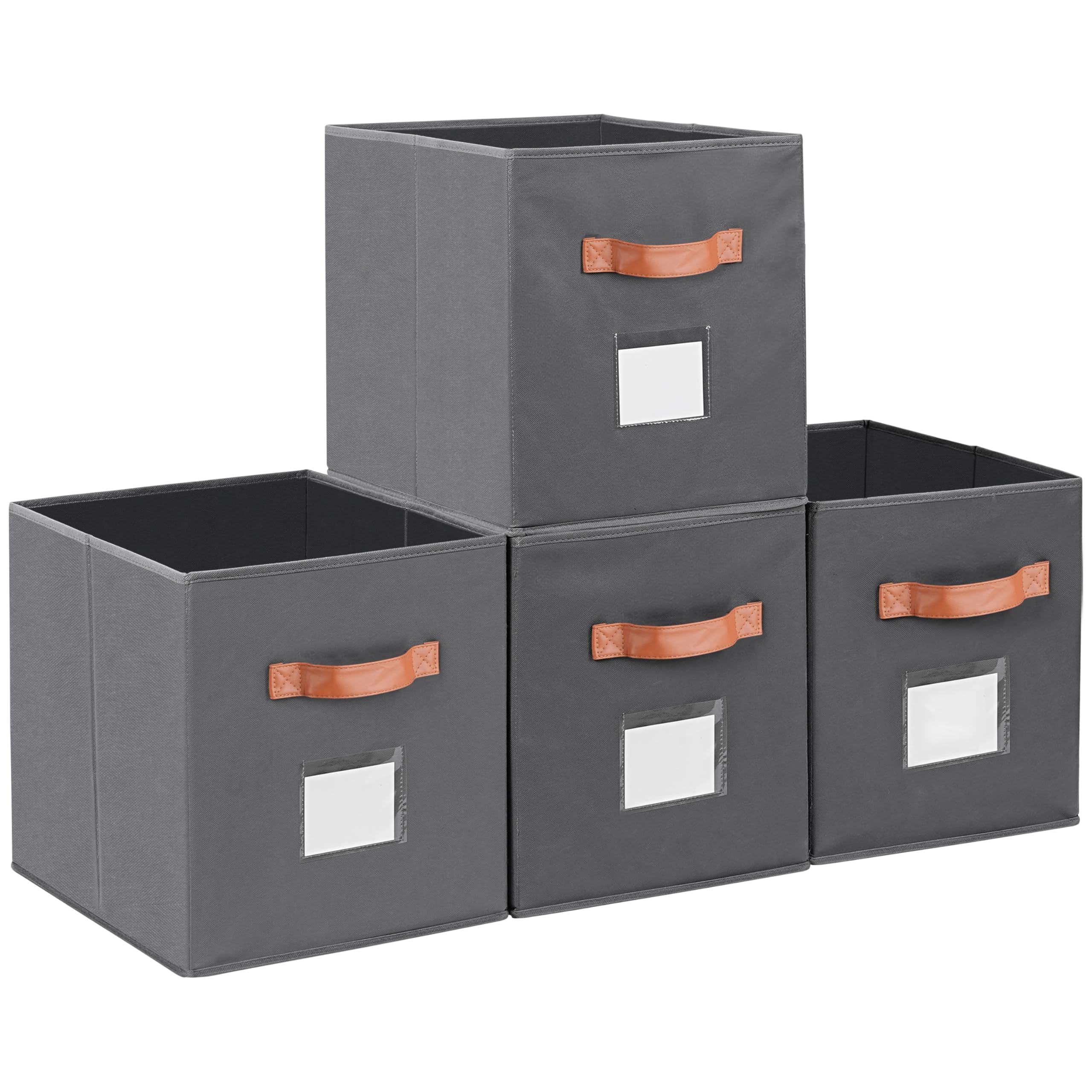 Winter Shore Cajas de Almacenamiento en Forma de Cubo Gris con Portaetiquetas [Pack de 4] - Cestas de Almacenaje de Tela Plegables con Asas para Organizar Ropa, Estantes, Guardería - 33 x 38 x 33 cm