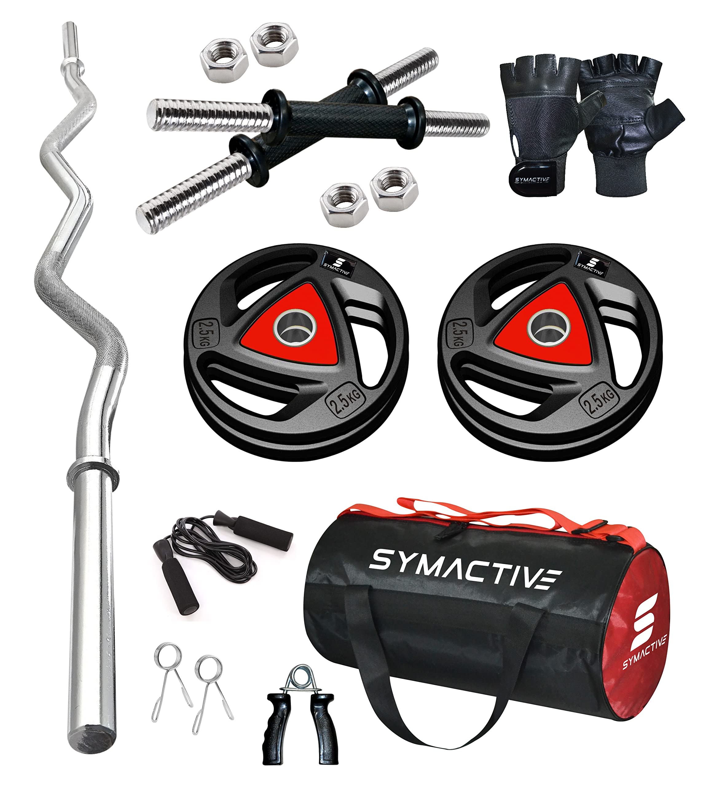 Amazon Brand - Symactive Professional Home Gym Set with Rubber Coated Metal Plates, Gloves, Hand Grip, Skipping Rope and Gym Bag, 10 Kg, Combo3 (B08R187NW4) Amazon Price History, Amazon Price Tracker