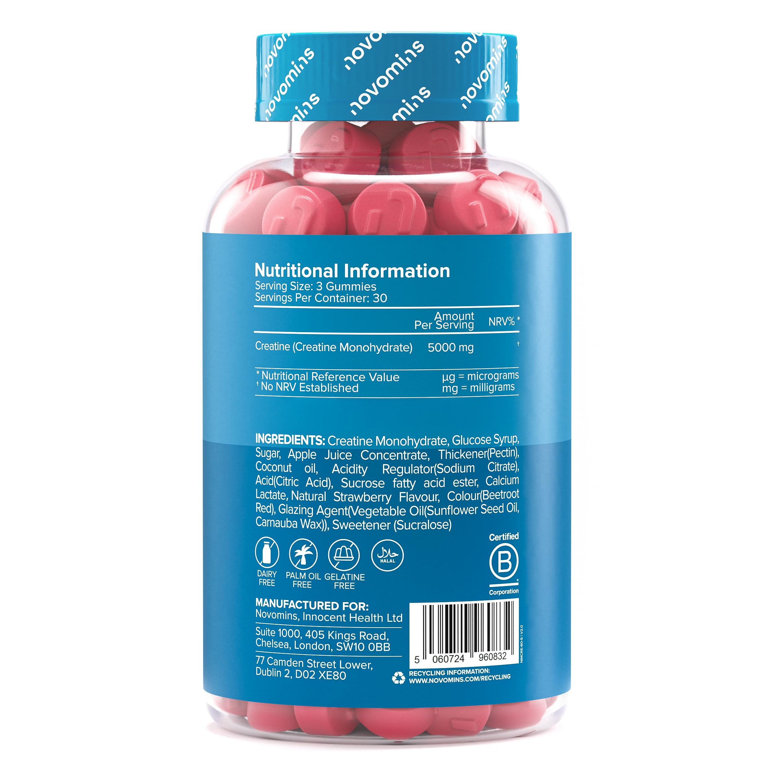 Creatina Monoidrata Gommose – 5000 mg per Porzione ad Alta Forza – Aumenta le Prestazioni Fisiche – Alternativa a Polvere, Compresse e Capsule – Vegana, Gusto Fragola – 90 Gommose – Novomins