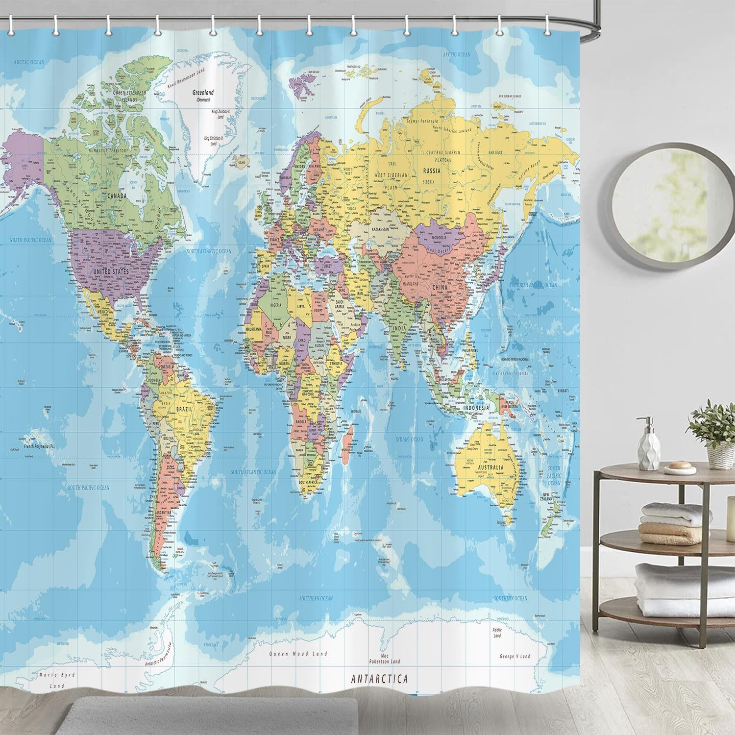 TOMOZ World Map Shower Curtain, Countries and Cities Shower Curtains, Geography Educational Fabric Bathroom Shower Curtain with Hooks, Kids Bathroom Decor 69x78 Inch