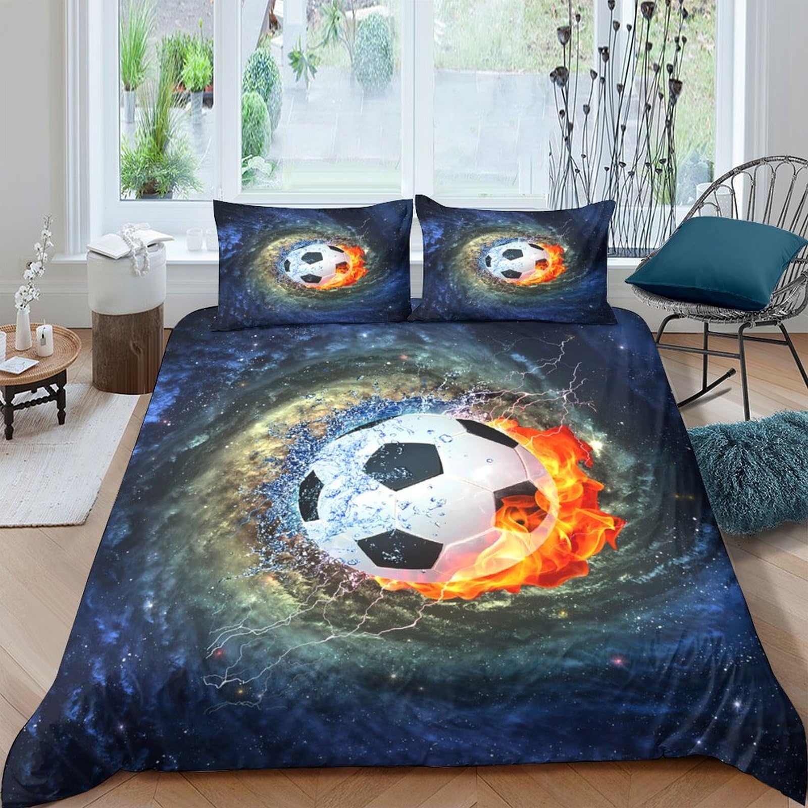 GPLZQXKJNH 3D Printed Fire Soccer Duvet Cover Microfiber Soft Breathable Galaxy Bedding Set with 2 Pillowcases for Bedroom Decor Single（135x200cm）