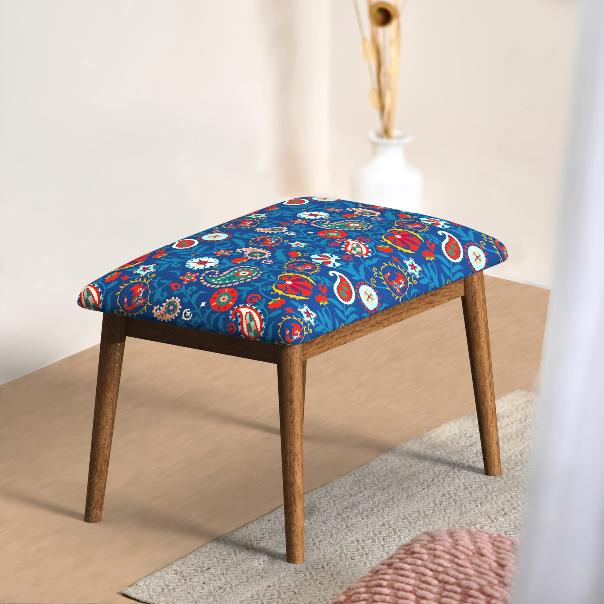 Chumbak Jodhpur Bench Small - India Paisleys Blue (1 Seater Bench, Sheesham Wood, Blue)